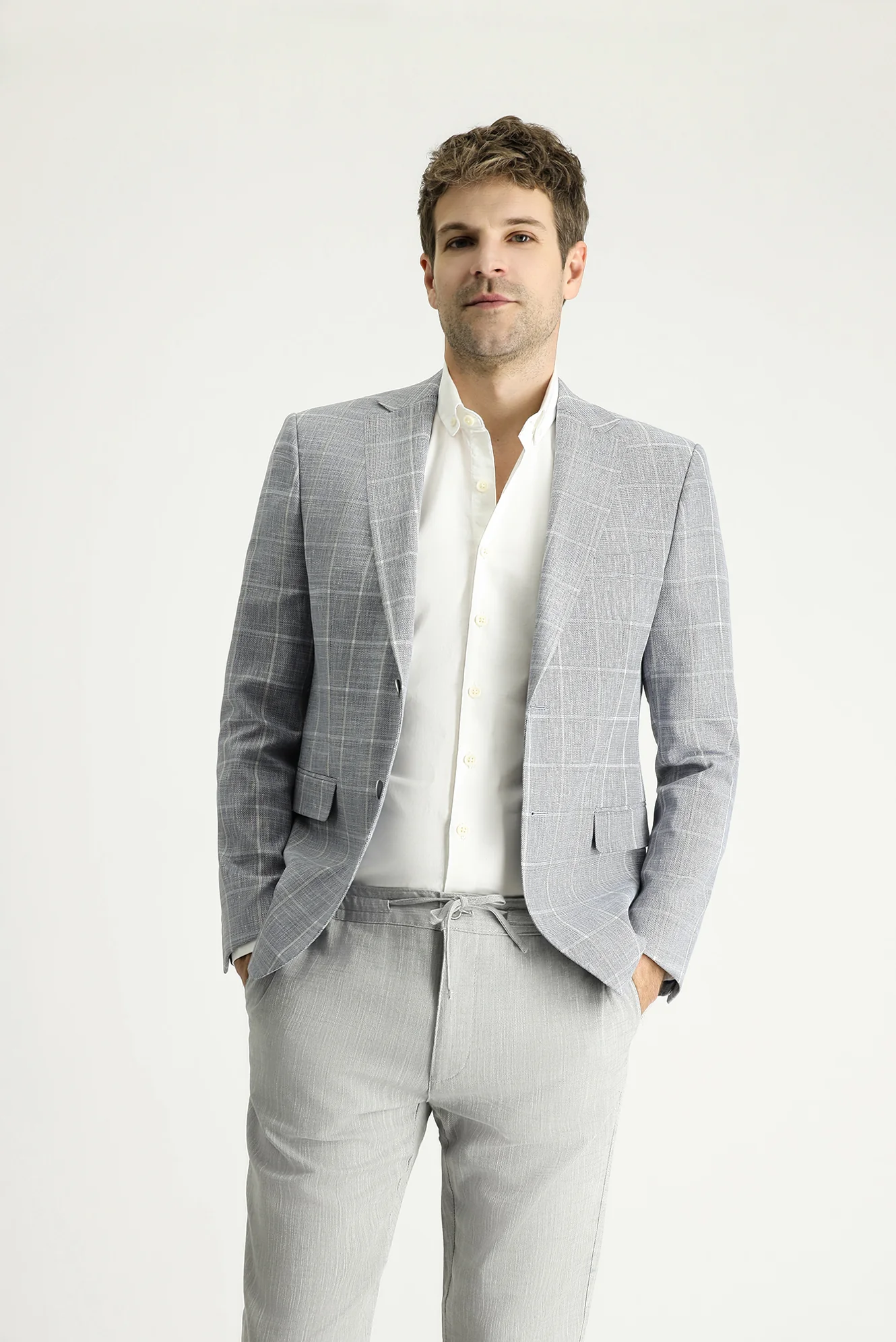 Açık Lacivert 7 Drop Slim Fit Dar Kesim Ekose Pamuklu Keten Karışımlı Ceket