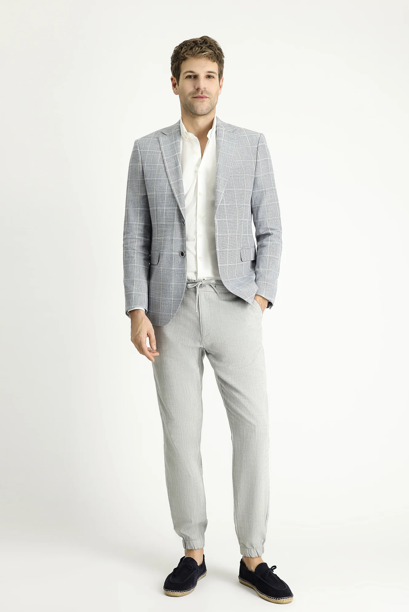 Açık Lacivert 7 Drop Slim Fit Dar Kesim Ekose Pamuklu Keten Karışımlı Ceket - Image 2