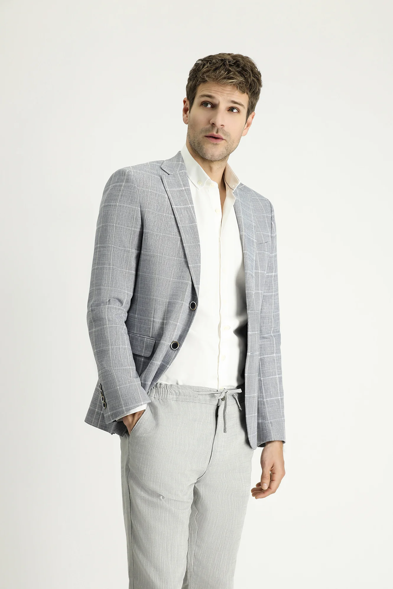 Açık Lacivert 7 Drop Slim Fit Dar Kesim Ekose Pamuklu Keten Karışımlı Ceket - Image 3