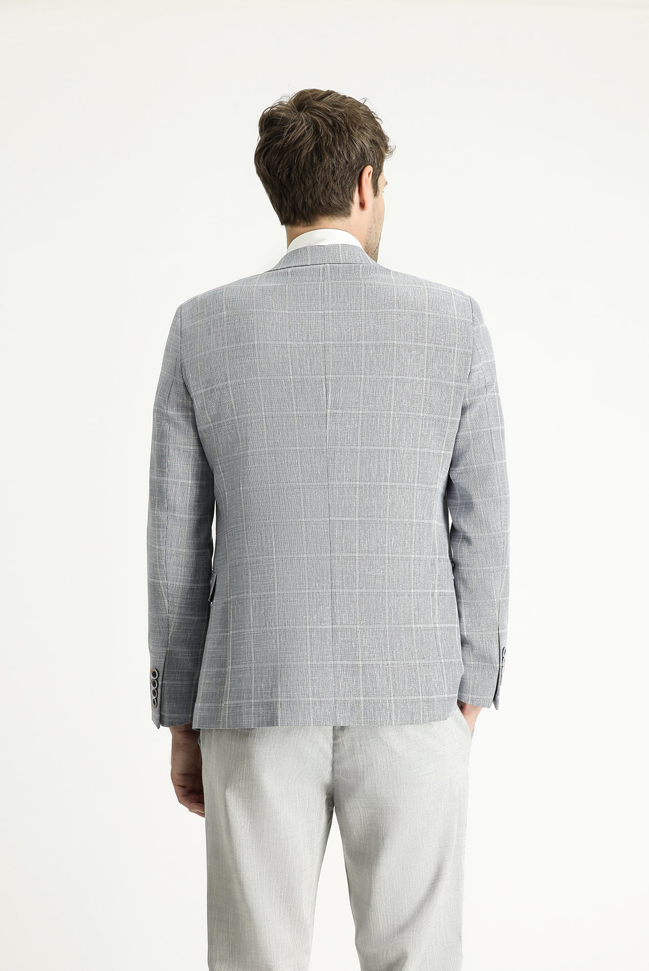 Açık Lacivert 7 Drop Slim Fit Dar Kesim Ekose Pamuklu Keten Karışımlı Ceket - Image 4