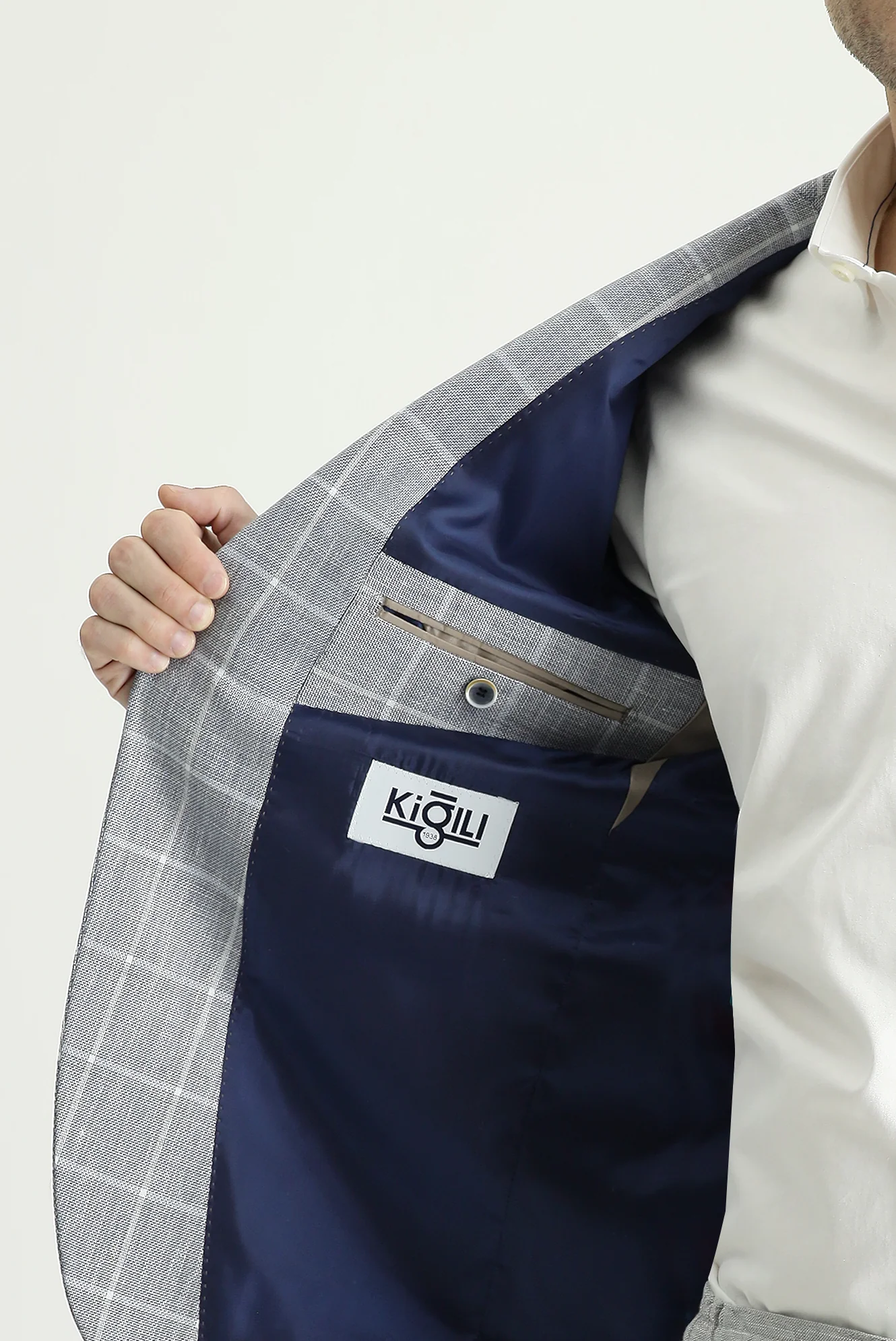 Açık Lacivert 7 Drop Slim Fit Dar Kesim Ekose Pamuklu Keten Karışımlı Ceket - Image 5