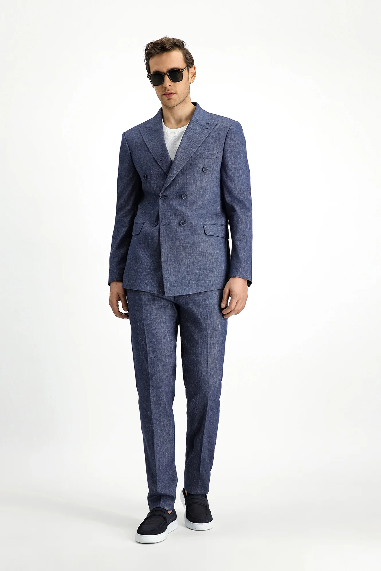 Açık Lacivert 7 Drop Slim Fit Dar Kesim Keten Karışımlı Sivri Yaka Kruvaze Takım Elbise