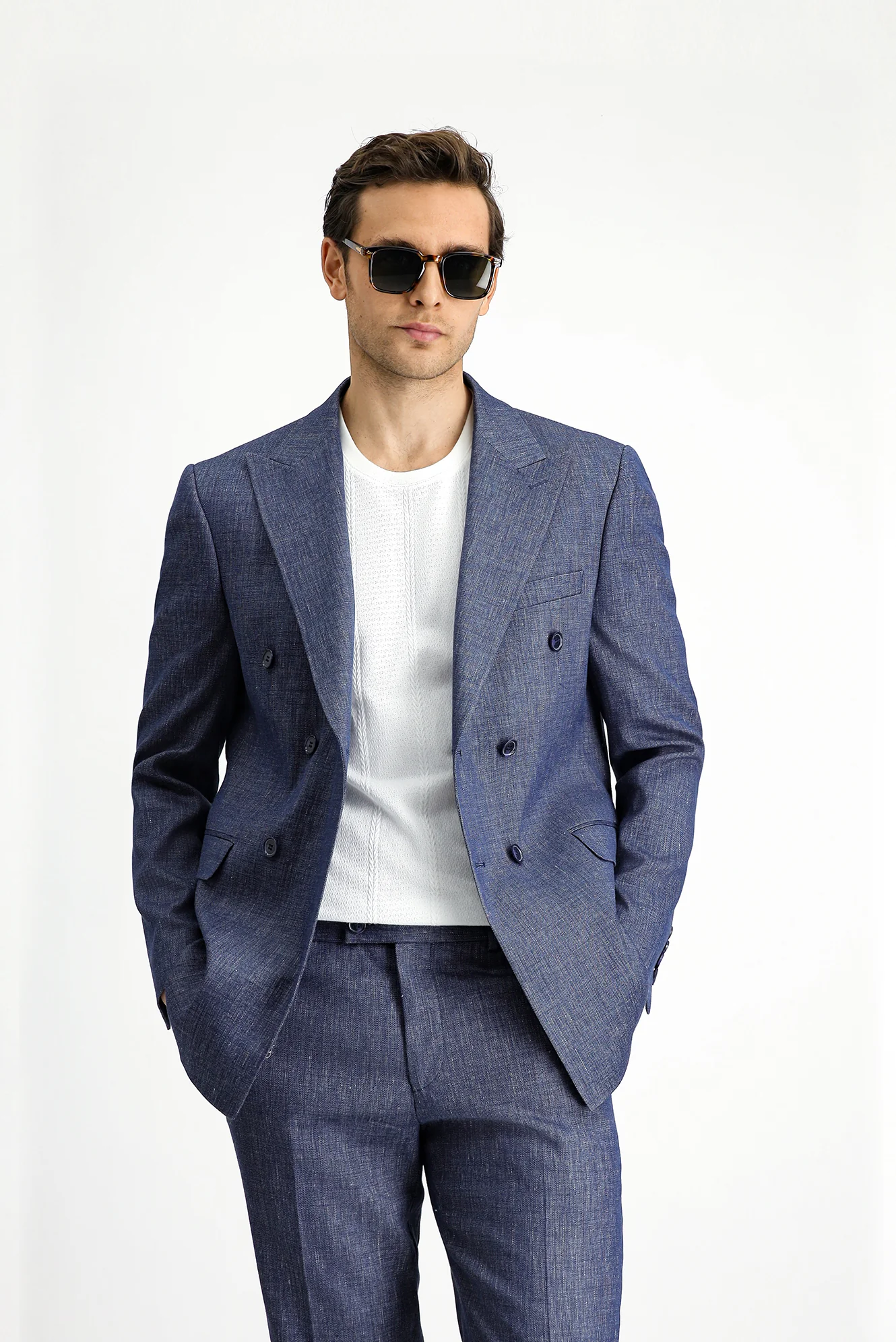 Açık Lacivert 7 Drop Slim Fit Dar Kesim Keten Karışımlı Sivri Yaka Kruvaze Takım Elbise - Image 3