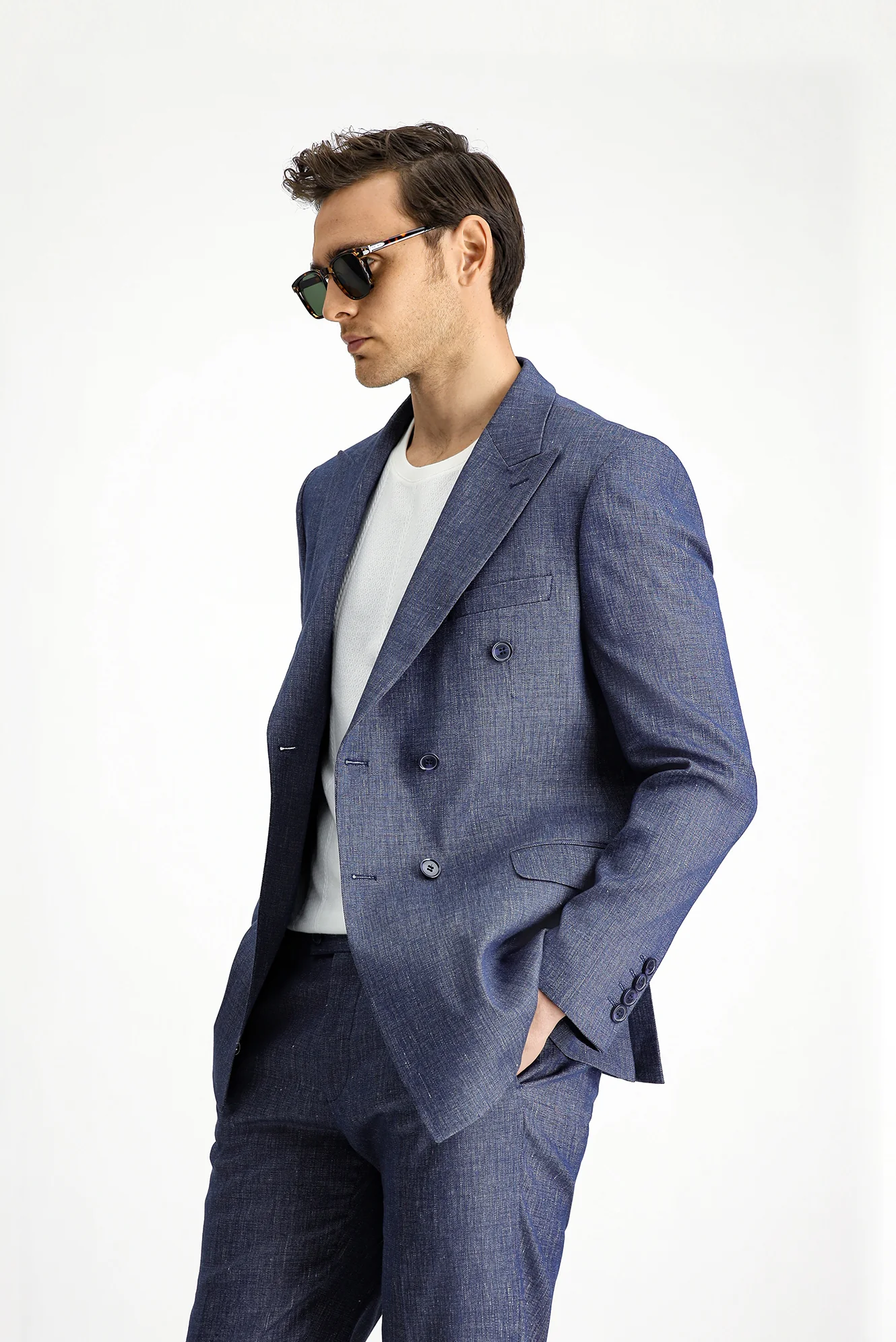 Açık Lacivert 7 Drop Slim Fit Dar Kesim Keten Karışımlı Sivri Yaka Kruvaze Takım Elbise - Image 4