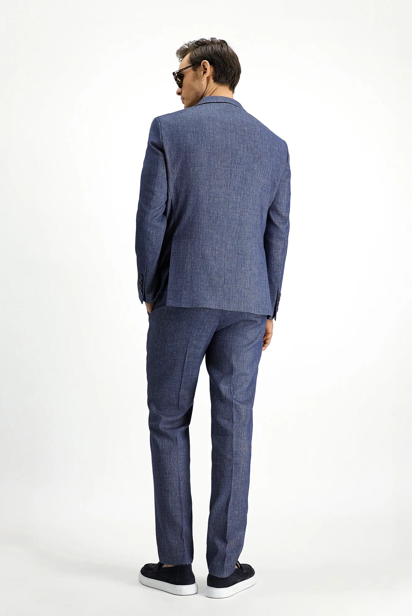 Açık Lacivert 7 Drop Slim Fit Dar Kesim Keten Karışımlı Sivri Yaka Kruvaze Takım Elbise - Image 5