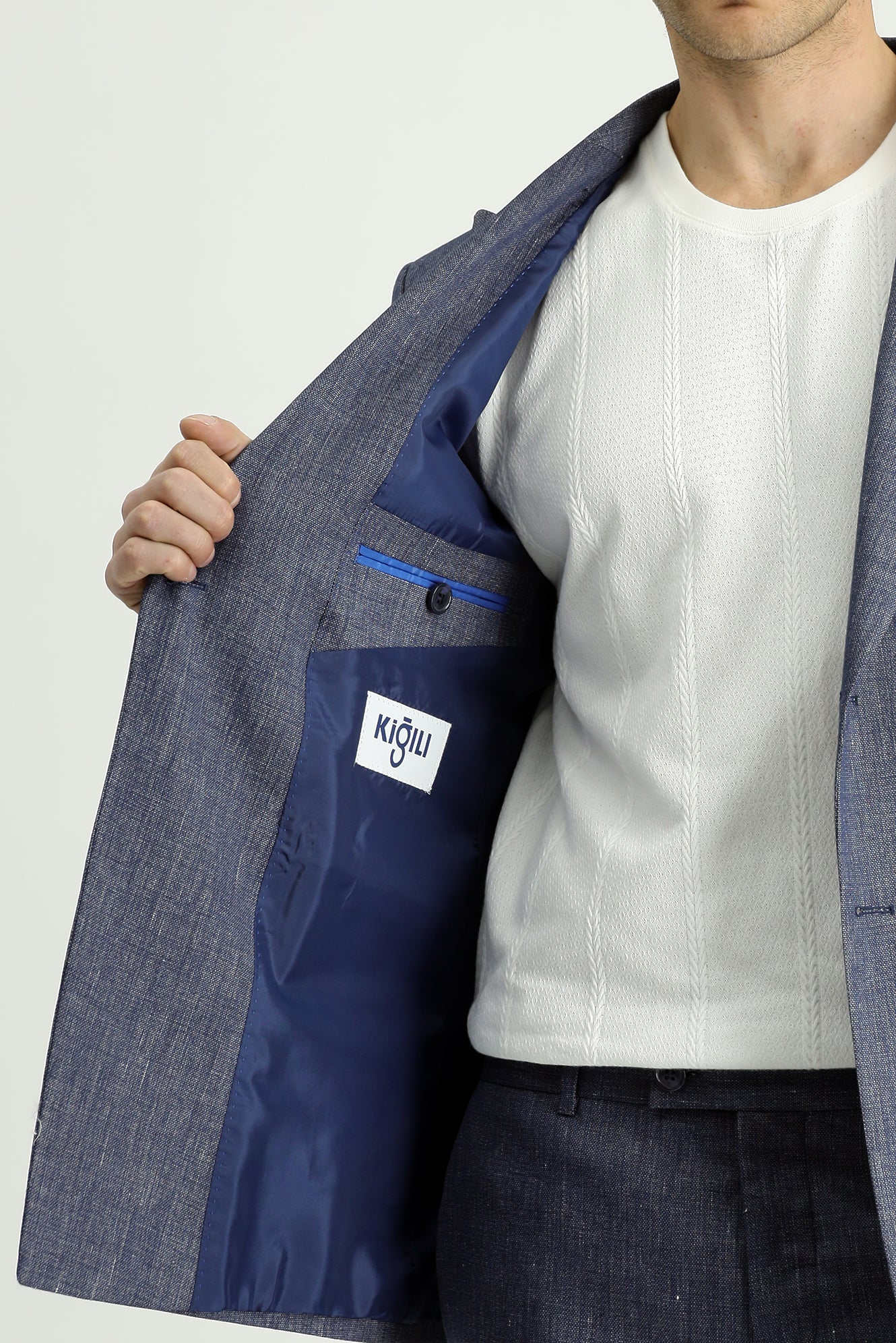 Açık Lacivert 7 Drop Slim Fit Dar Kesim Keten Karışımlı Sivri Yaka Kruvaze Takım Elbise - Image 6