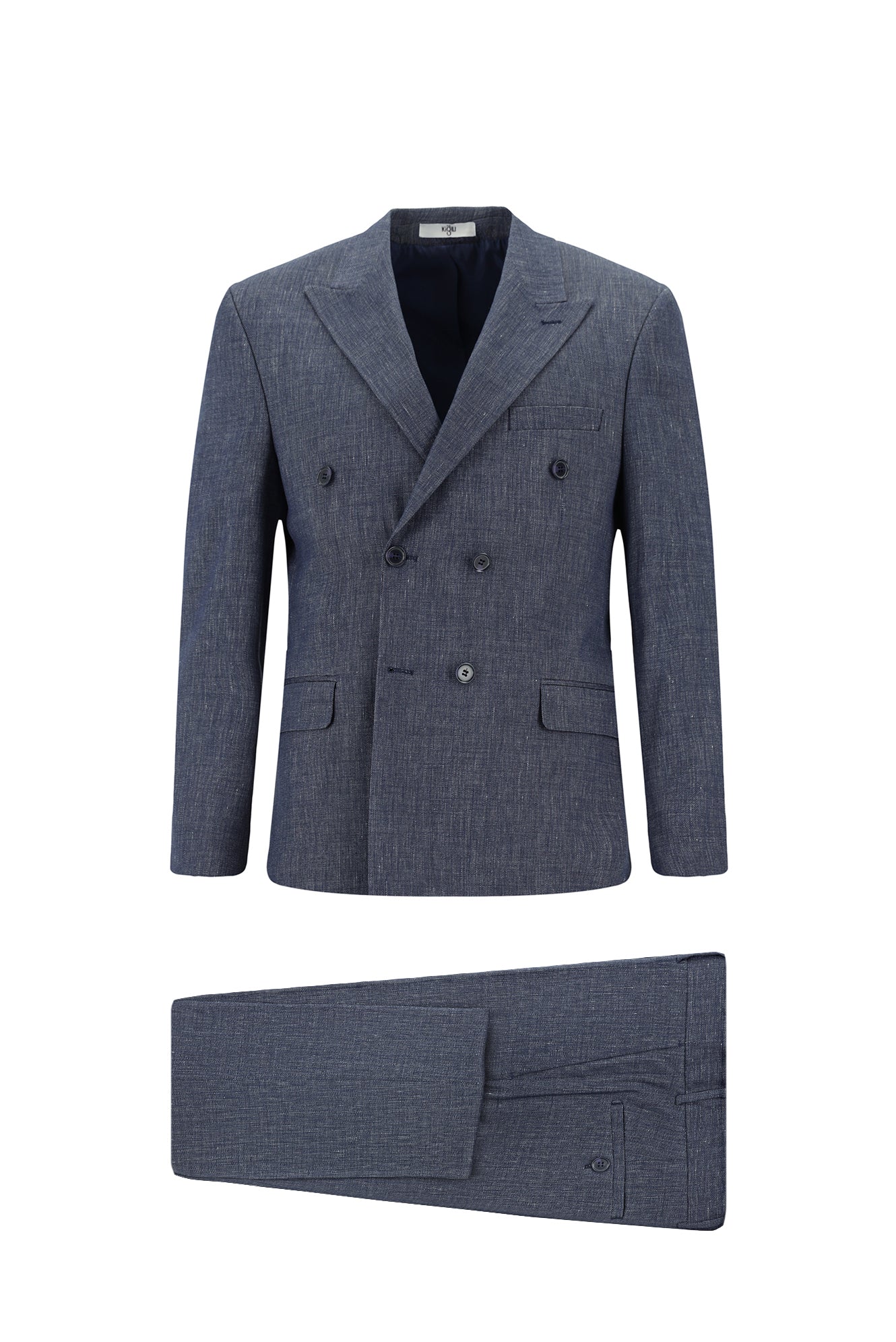 Açık Lacivert 7 Drop Slim Fit Dar Kesim Keten Karışımlı Sivri Yaka Kruvaze Takım Elbise - Image 7