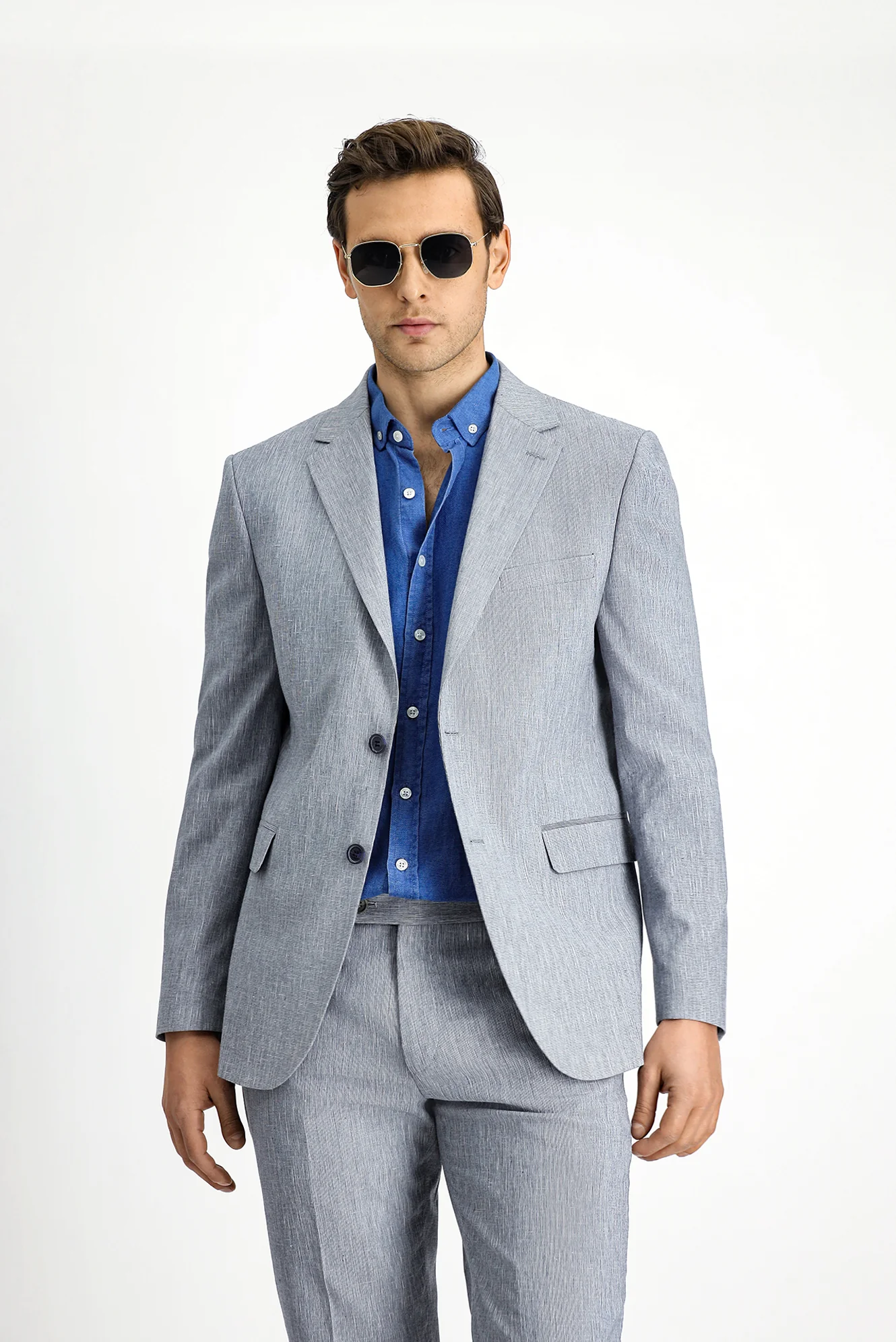 Açık Lacivert 7 Drop Slim Fit Dar Kesim Keten Karışımlı Takım Elbise - Image 2