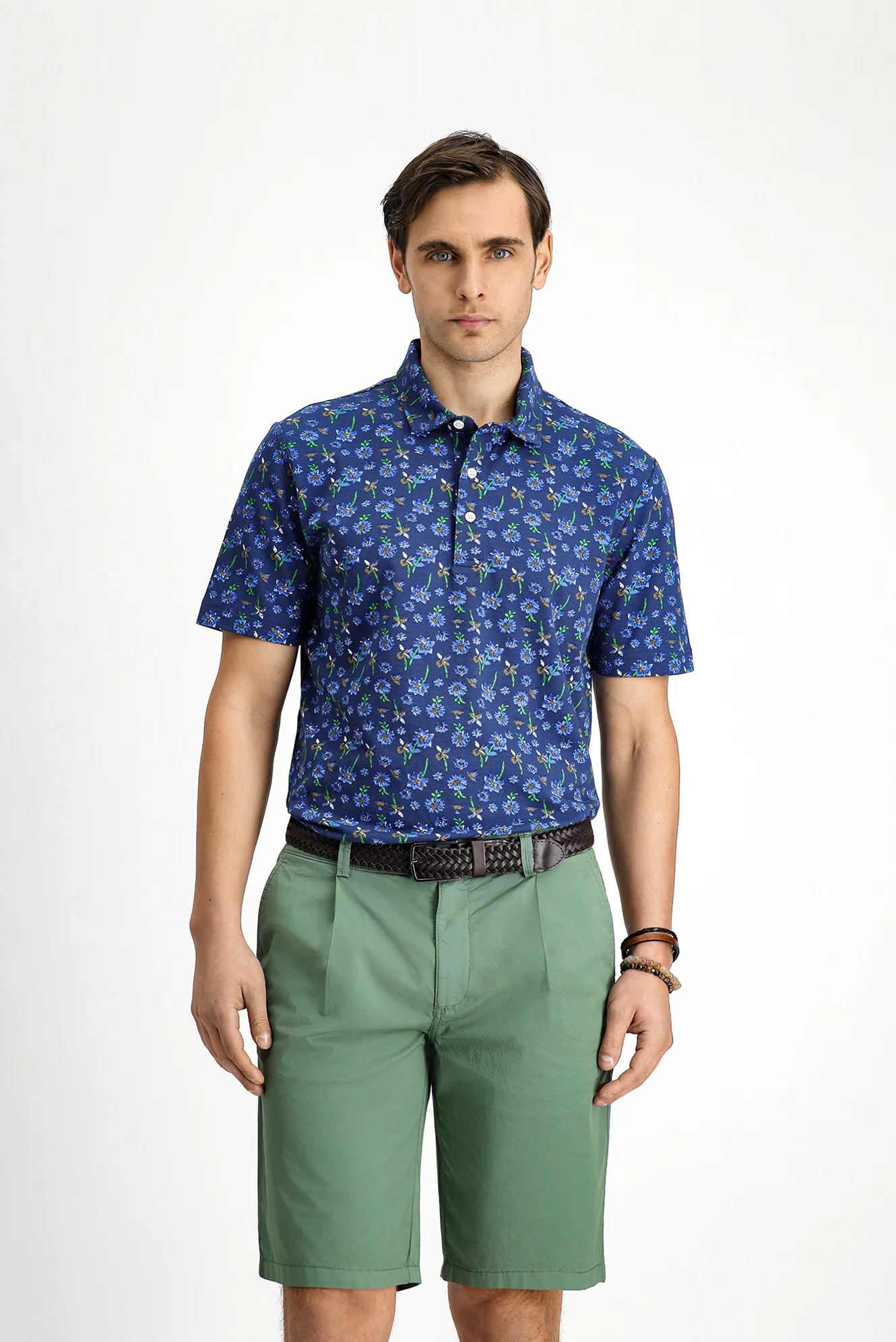Açık Lacivert Slim Fit Dar Kesim Pamuklu Baskılı Polo Yaka Tişört