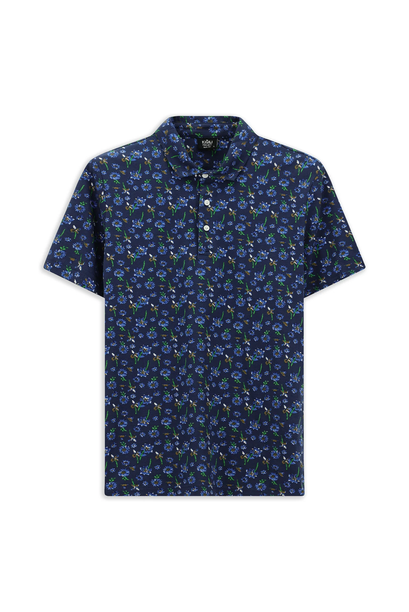 Açık Lacivert Slim Fit Dar Kesim Pamuklu Baskılı Polo Yaka Tişört - Image 7