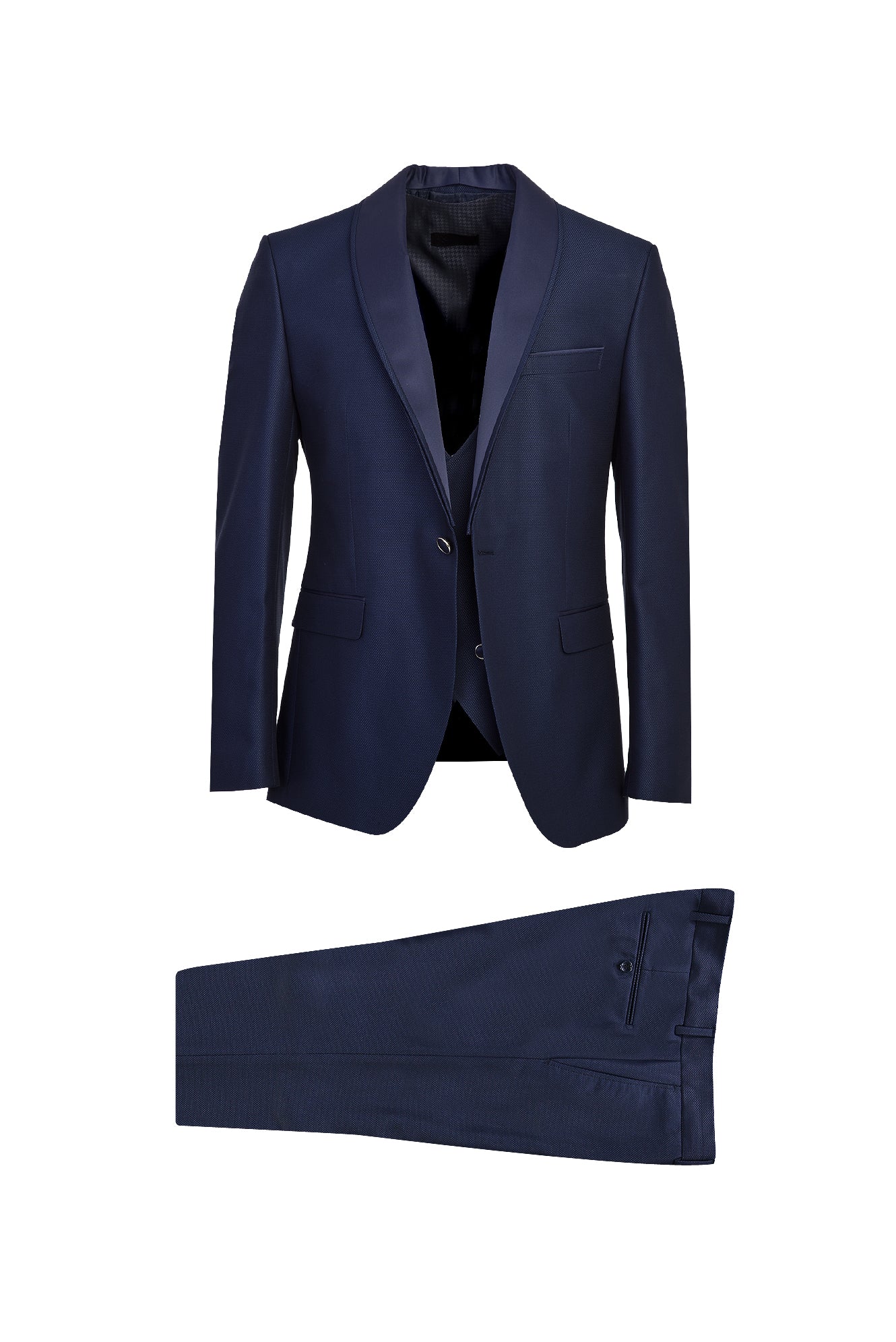Açık Lacivert 7 Drop Slim Fit Dar Kesim Şal Yaka Yelekli Smokin & Damatlık - Image 3