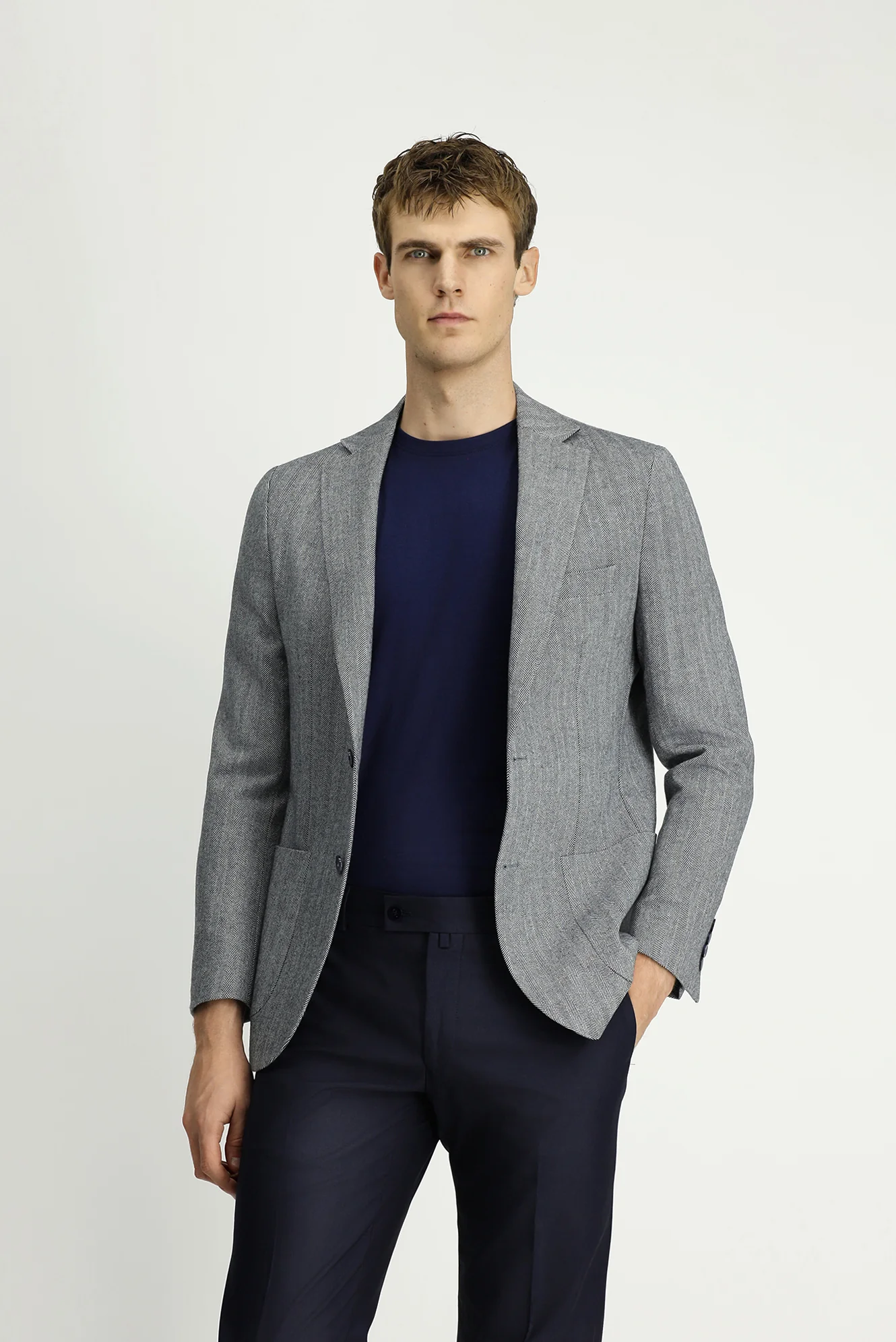 Açık Lacivert 7 Drop Slim Fit Dar Kesim Yünlü Desenli Spor Ceket
