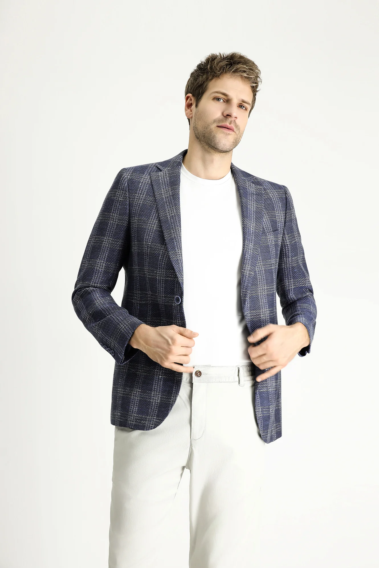 Açık Lacivert 7 Drop Slim Fit Dar Kesim Yünlü Keten Karışımlı Ekose Ceket