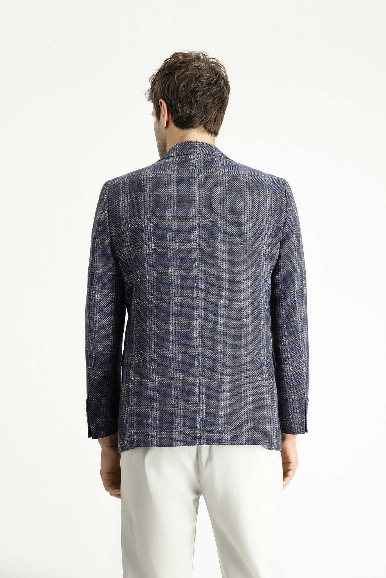 Açık Lacivert 7 Drop Slim Fit Dar Kesim Yünlü Keten Karışımlı Ekose Ceket - Image 4