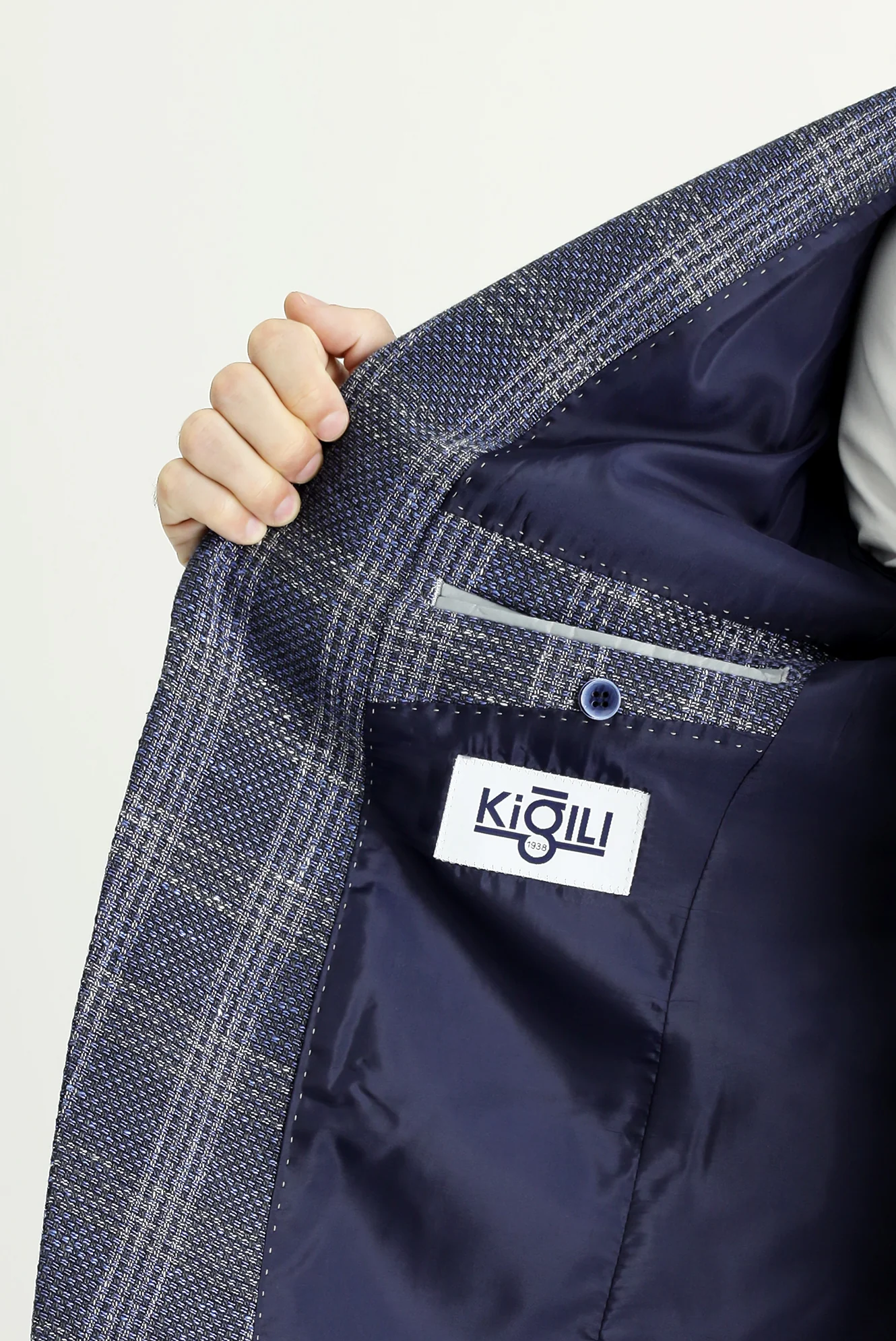 Açık Lacivert 7 Drop Slim Fit Dar Kesim Yünlü Keten Karışımlı Ekose Ceket - Image 5