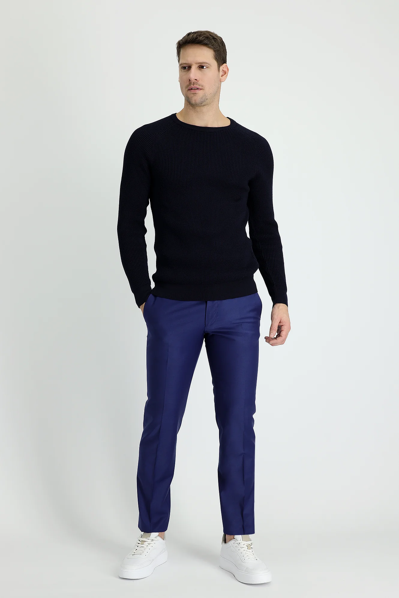 Açık Lacivert 7 Drop Slim Fit Dar Kesim Yünlü Klasik Kumaş Pantolon