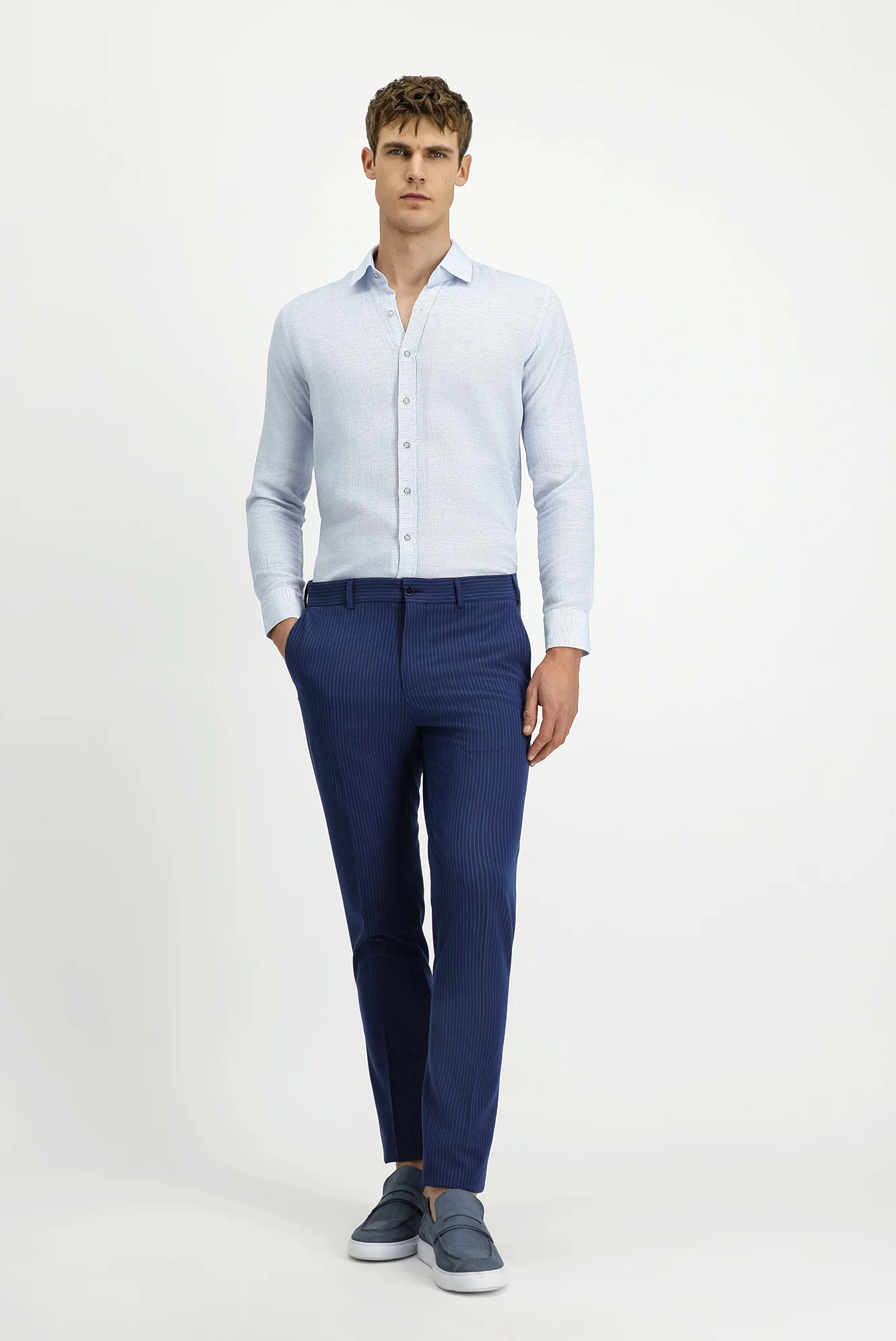 Açık Lacivert 7 Drop Super Slim Fit Eksra Dar Kesim Likralı Çizgili Klasik Kumaş Pantolon