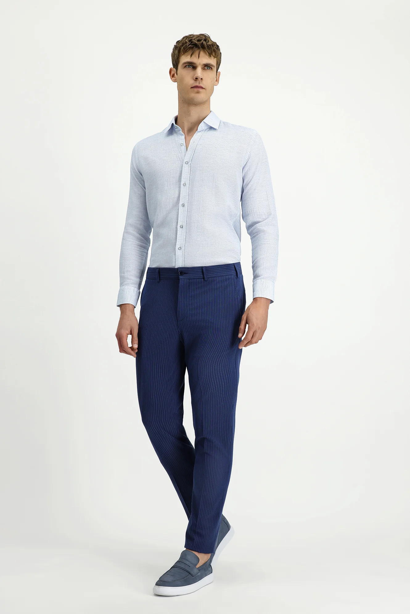 Açık Lacivert 7 Drop Super Slim Fit Eksra Dar Kesim Likralı Çizgili Klasik Kumaş Pantolon - Image 2