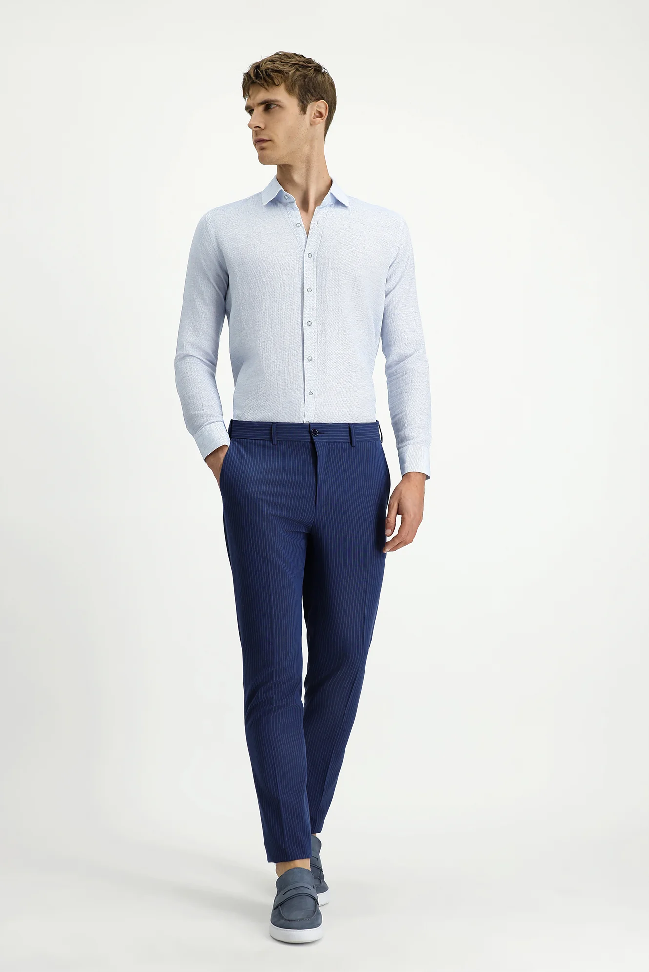 Açık Lacivert 7 Drop Super Slim Fit Eksra Dar Kesim Likralı Çizgili Klasik Kumaş Pantolon - Image 3