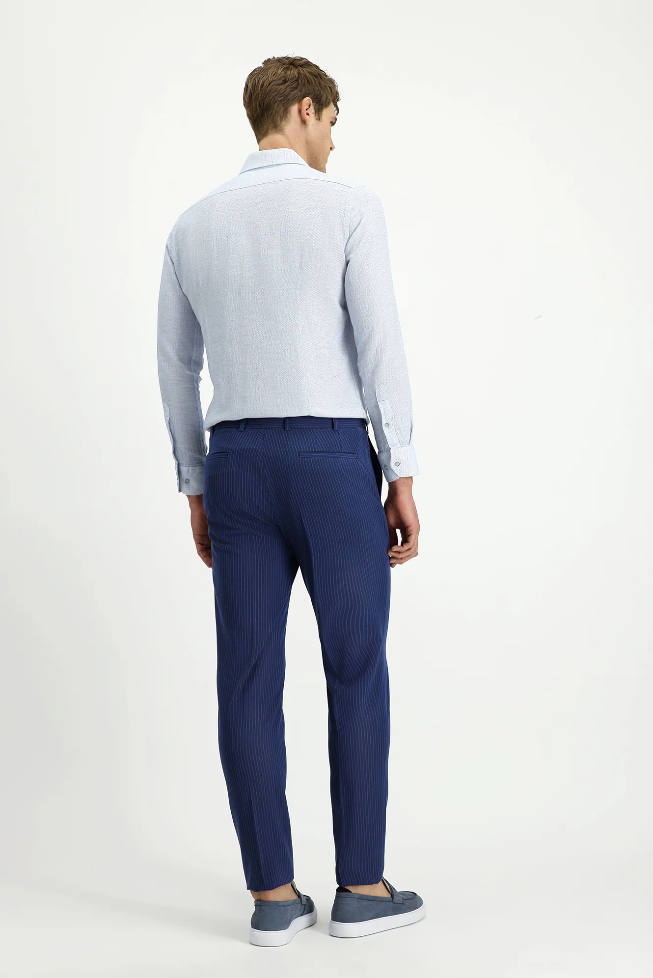 Açık Lacivert 7 Drop Super Slim Fit Eksra Dar Kesim Likralı Çizgili Klasik Kumaş Pantolon - Image 4