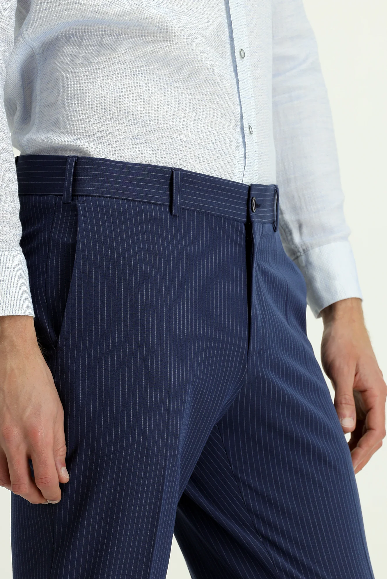 Açık Lacivert 7 Drop Super Slim Fit Eksra Dar Kesim Likralı Çizgili Klasik Kumaş Pantolon - Image 5