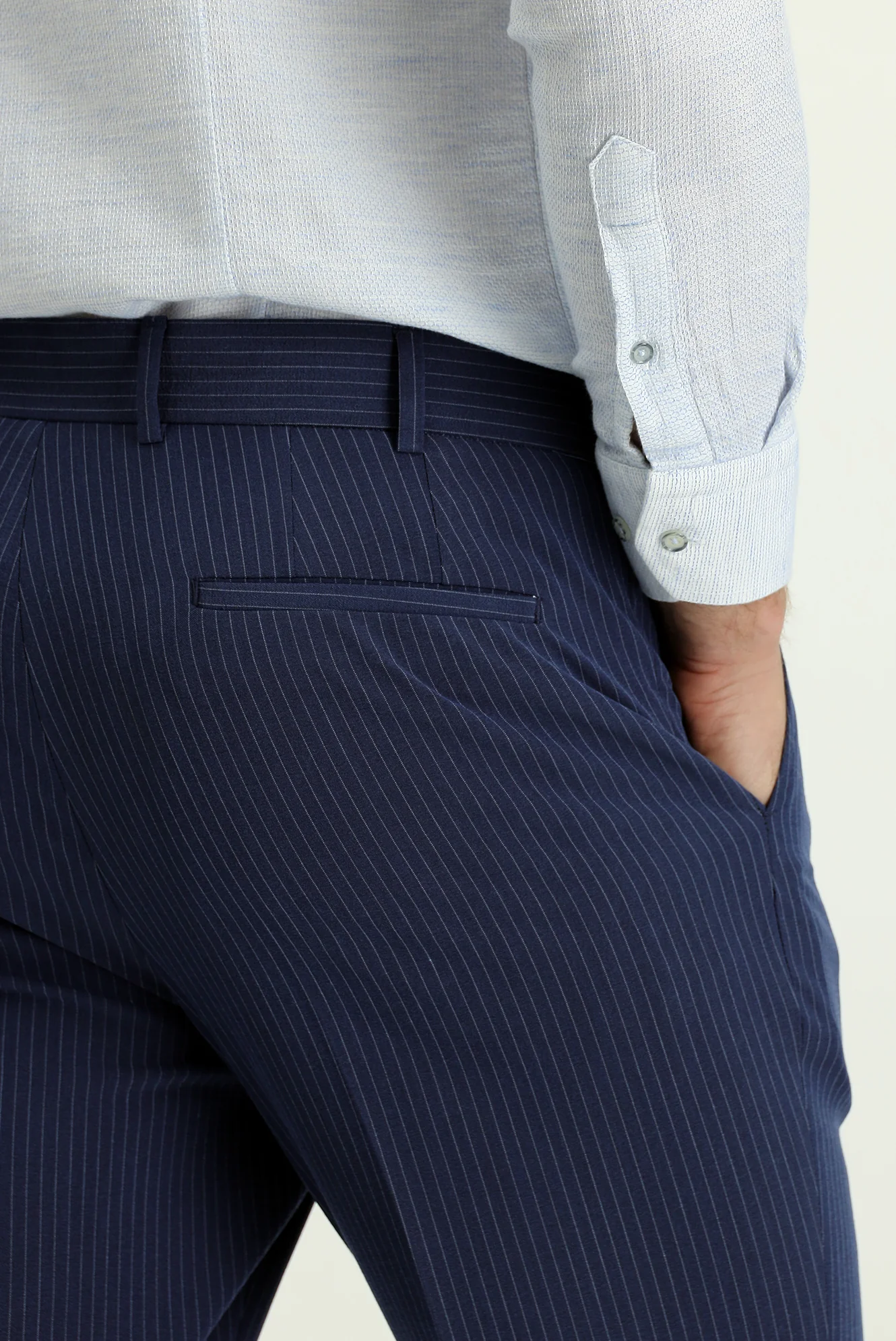 Açık Lacivert 7 Drop Super Slim Fit Eksra Dar Kesim Likralı Çizgili Klasik Kumaş Pantolon - Image 6