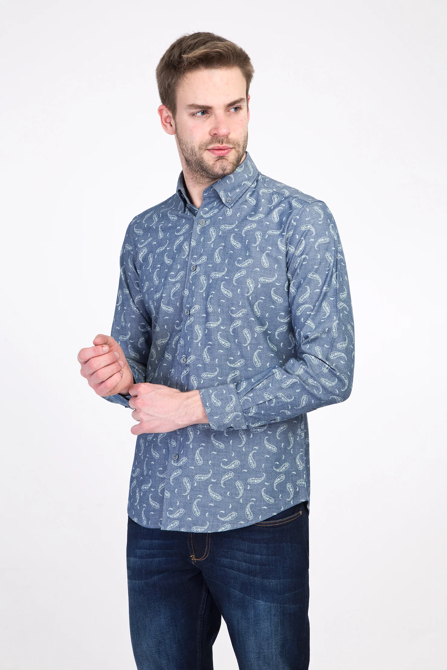 Açık Lacivert Uzun Kol Desenli Slim Fit Dar Kesim Pamuk Gömlek