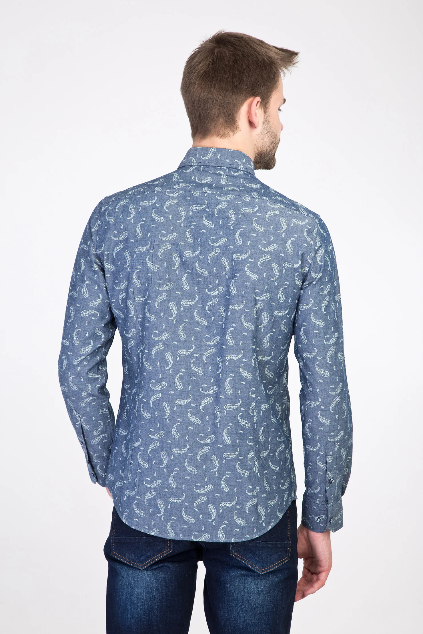 Açık Lacivert Uzun Kol Desenli Slim Fit Dar Kesim Pamuk Gömlek - Image 3