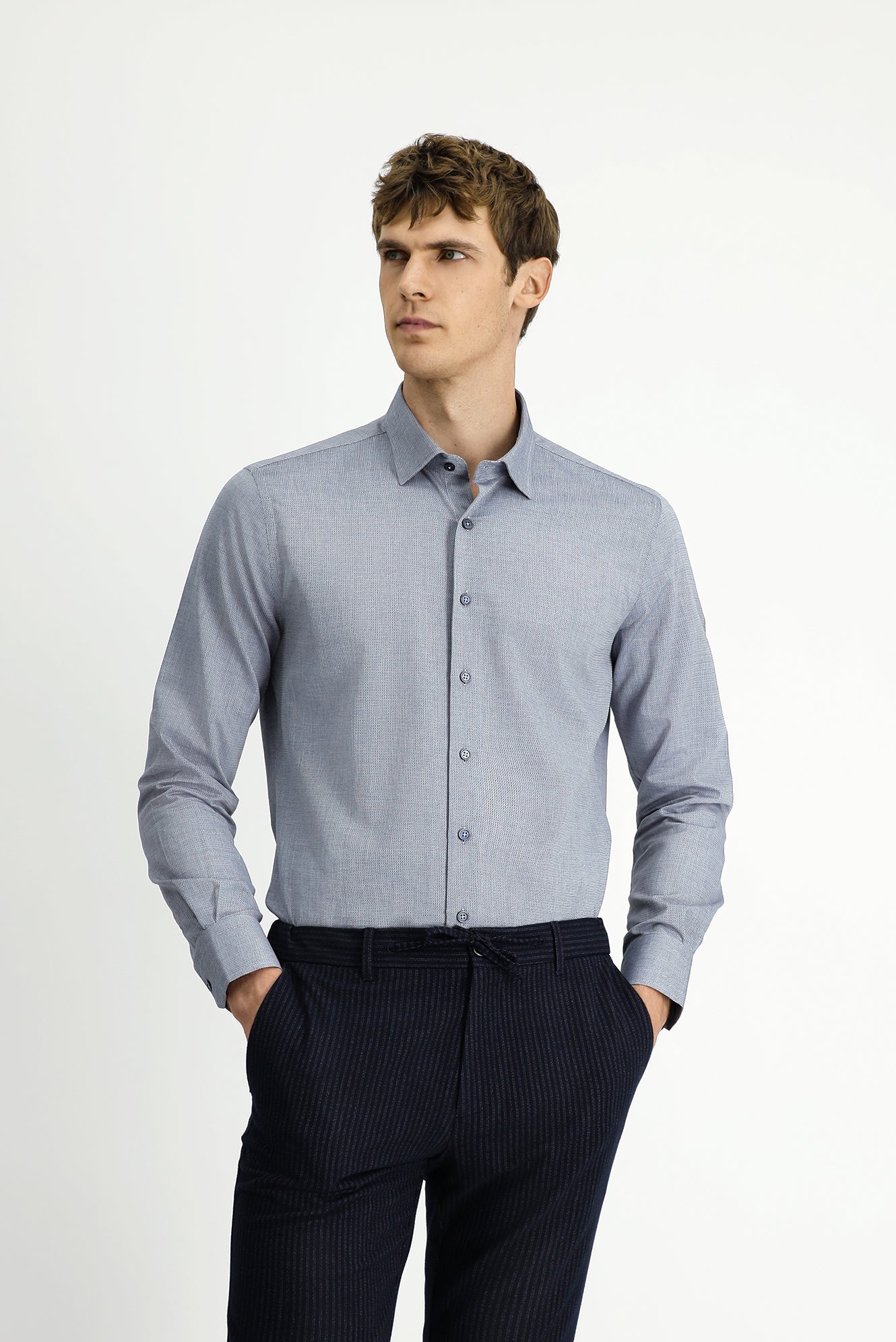 Açık Lacivert Uzun Kol Slim Fit Dar Kesim Desenli Pamuk Gömlek - Image 4