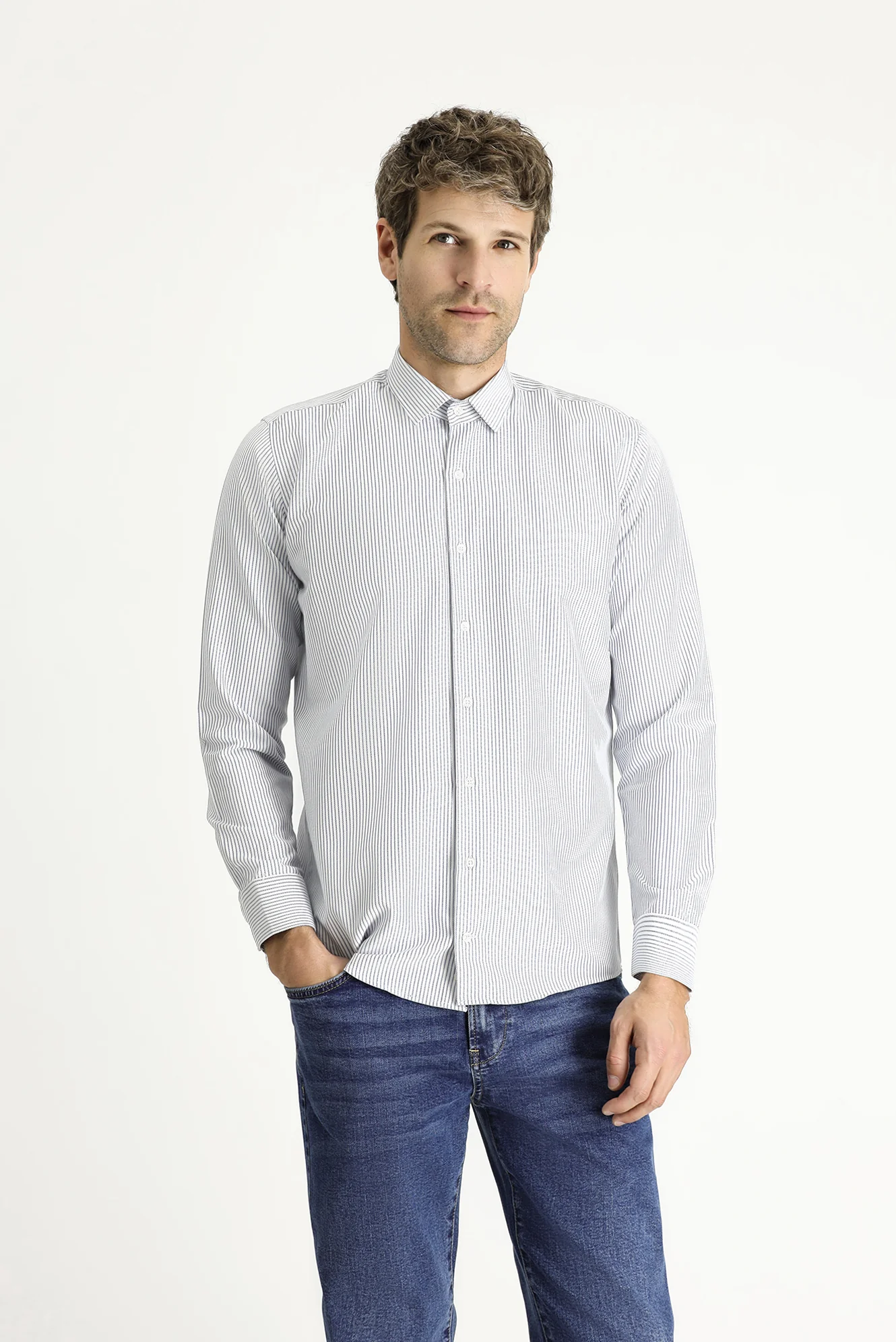 Açık Lacivert Uzun Kol Slim Fit Dar Kesim Çizgili Pamuklu Kolay Ütülenebilir Gömlek - Image 3