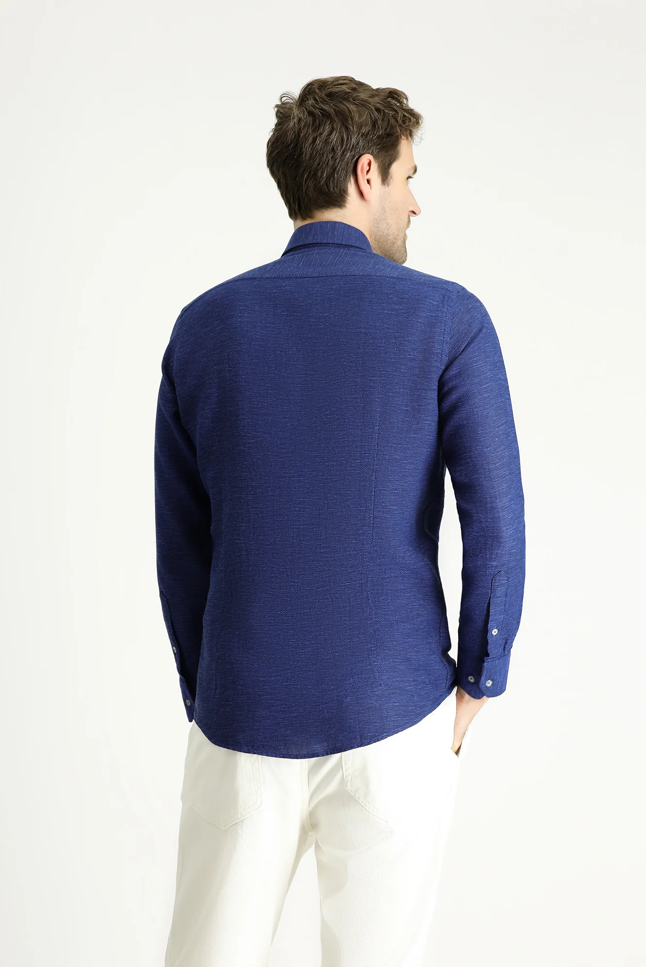 Açık Lacivert Uzun Kol Slim Fit Dar Kesim Desenli Spor Pamuk Gömlek - Image 4