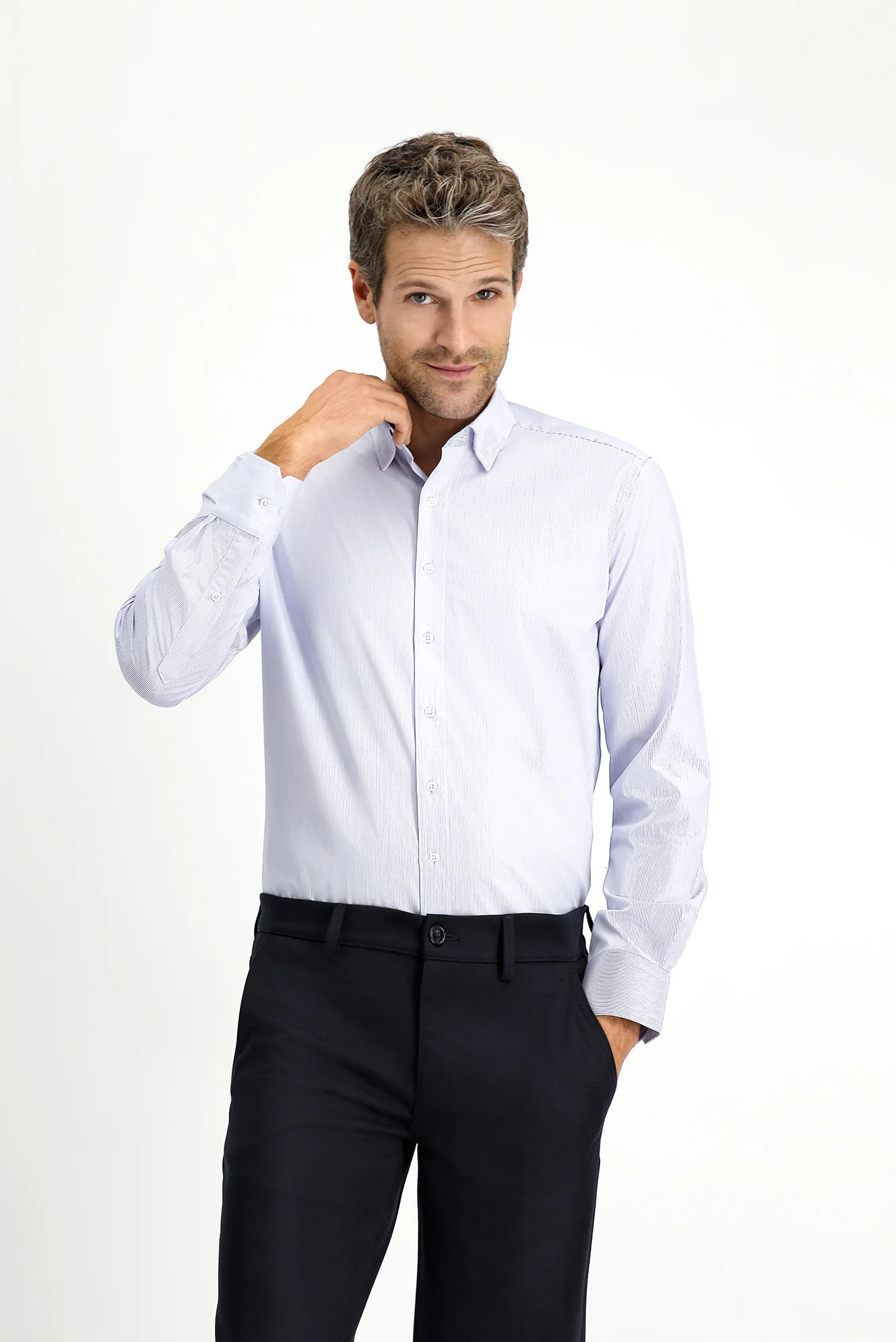 Açık Lacivert Uzun Kol Slim Fit Dar Kesim Pamuk Çizgili Klasik Gömlek - Image 3