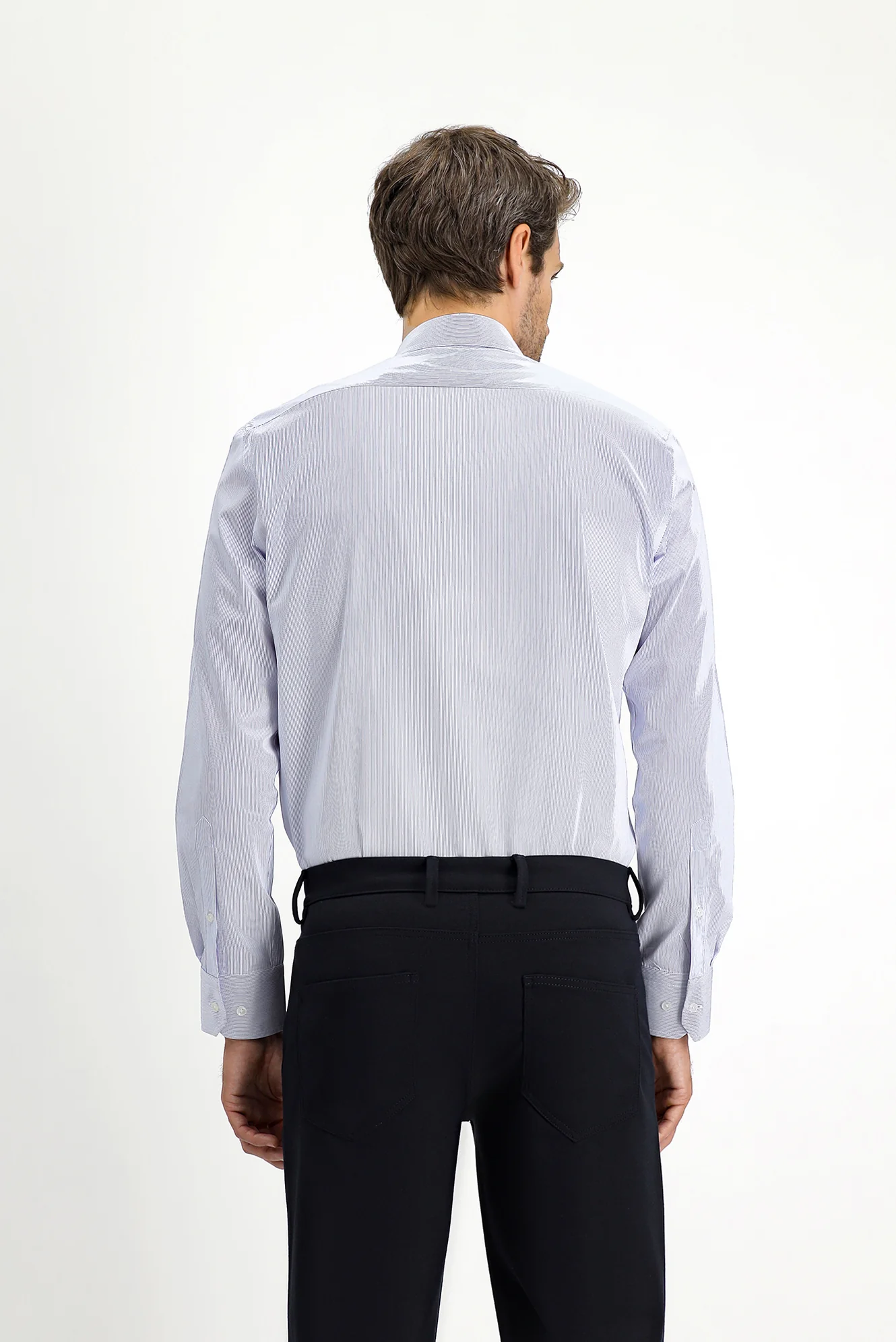 Açık Lacivert Uzun Kol Slim Fit Dar Kesim Pamuk Çizgili Klasik Gömlek - Image 4