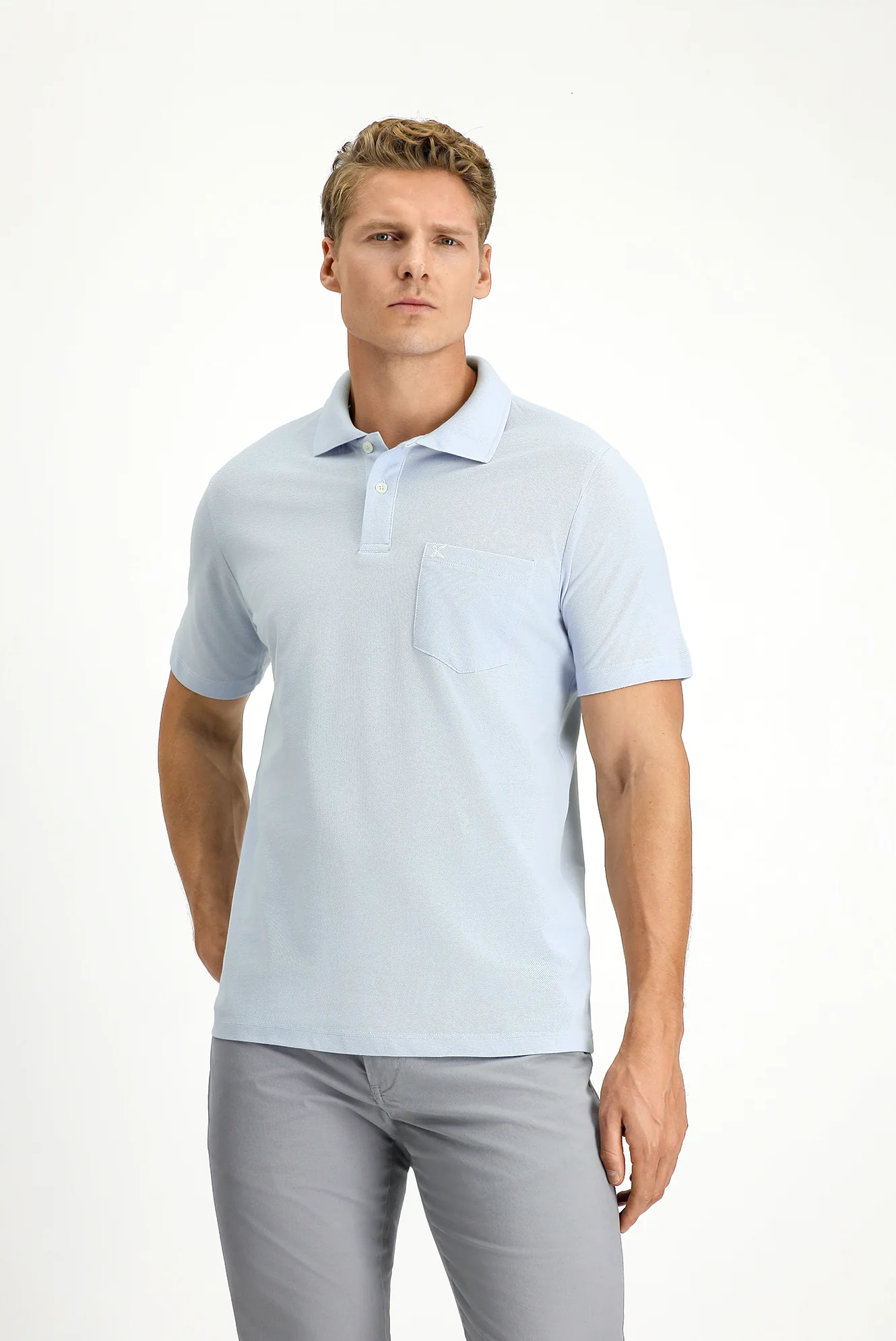 Açık Mavi Polo Yaka Regular Fit Cepli Nakışlı %100 Pamuk Tişört - Image 3