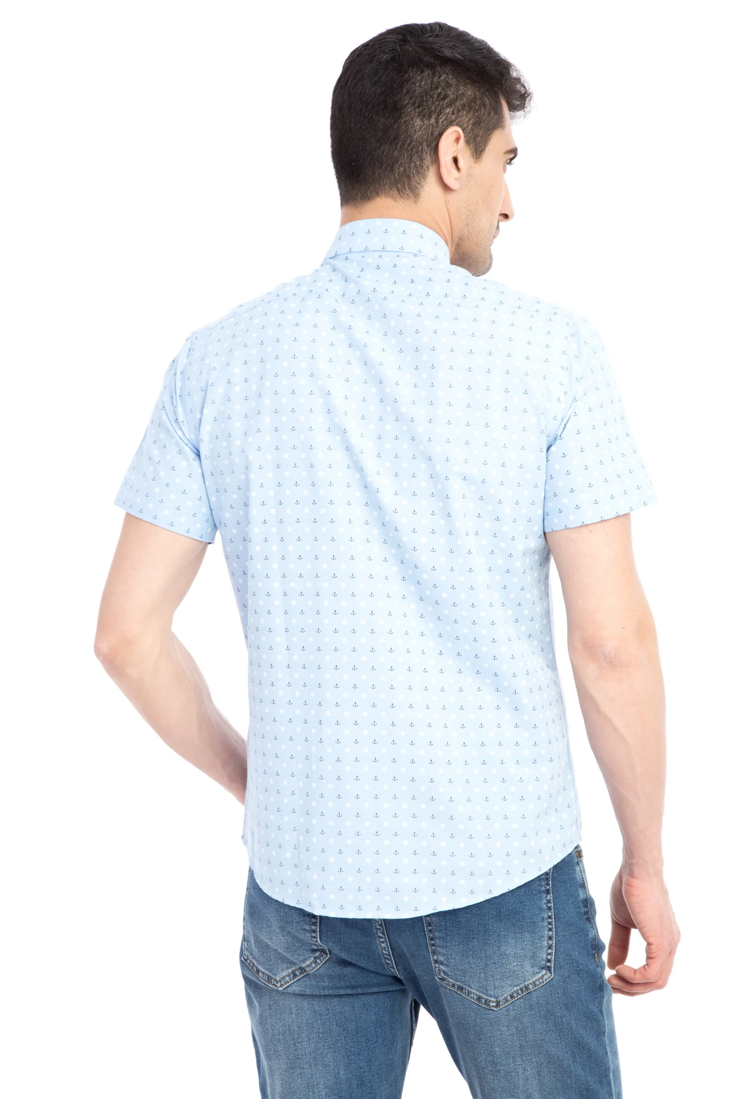 Açık Mavi Kısa Kol Slim Fit Dar Kesim Baskılı Gömlek - Image 2