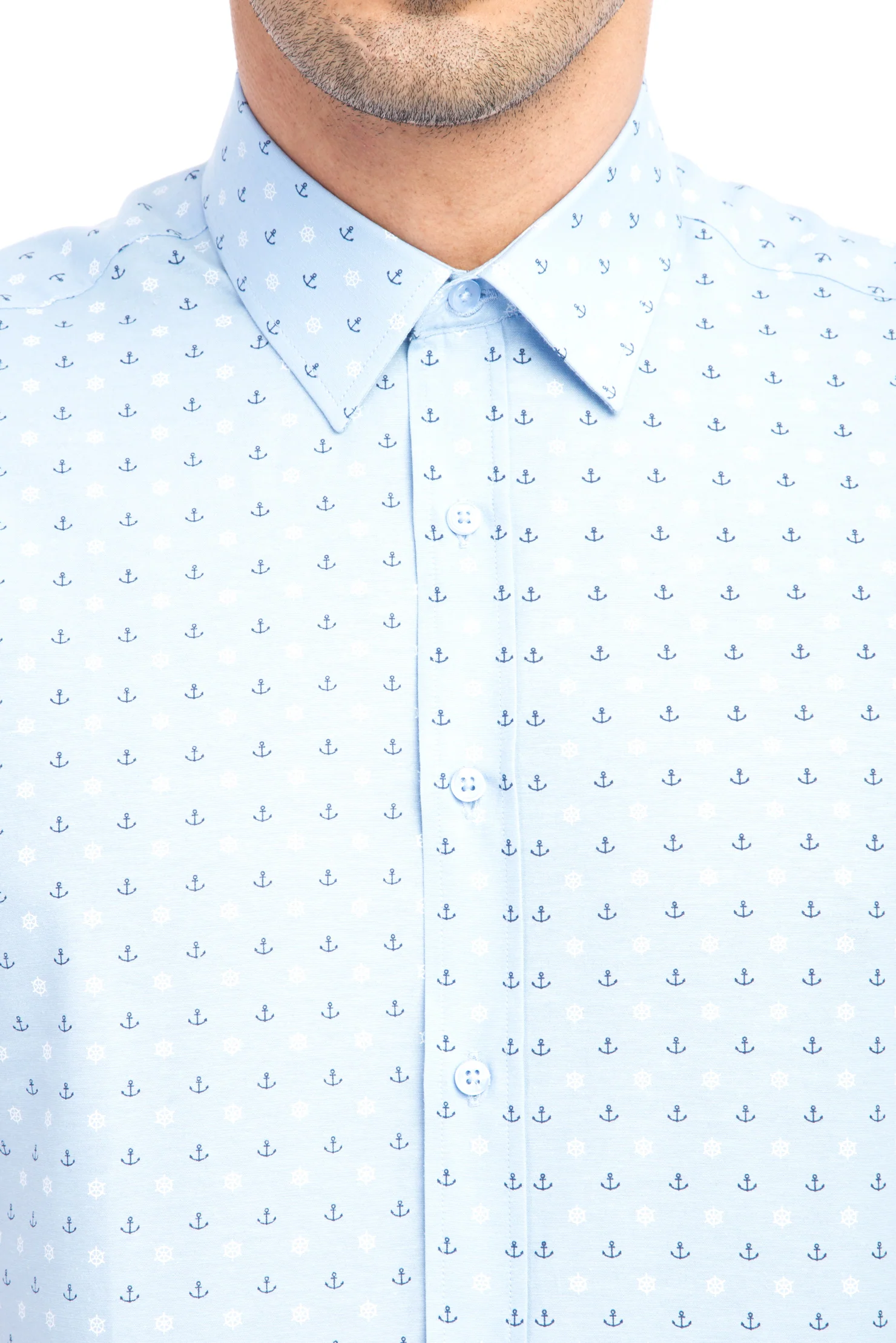 Açık Mavi Kısa Kol Slim Fit Dar Kesim Baskılı Gömlek - Image 3