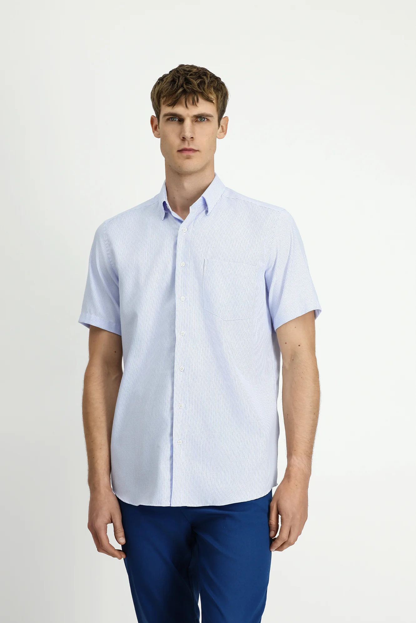 Açık Mavi Kısa Kol Regular Fit Non Iron Pamuklu Desenli Gömlek