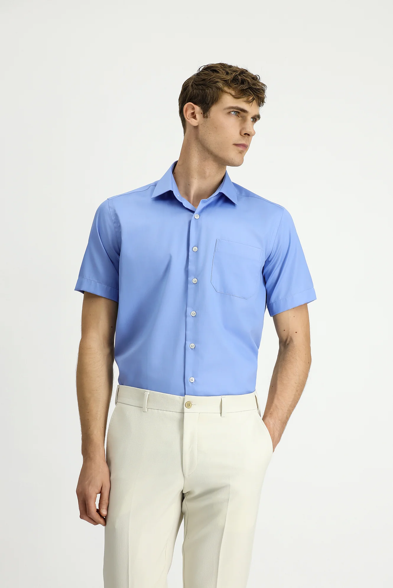 Açık Mavi Kısa Kol Regular Fit Pamuklu Non Iron Gömlek