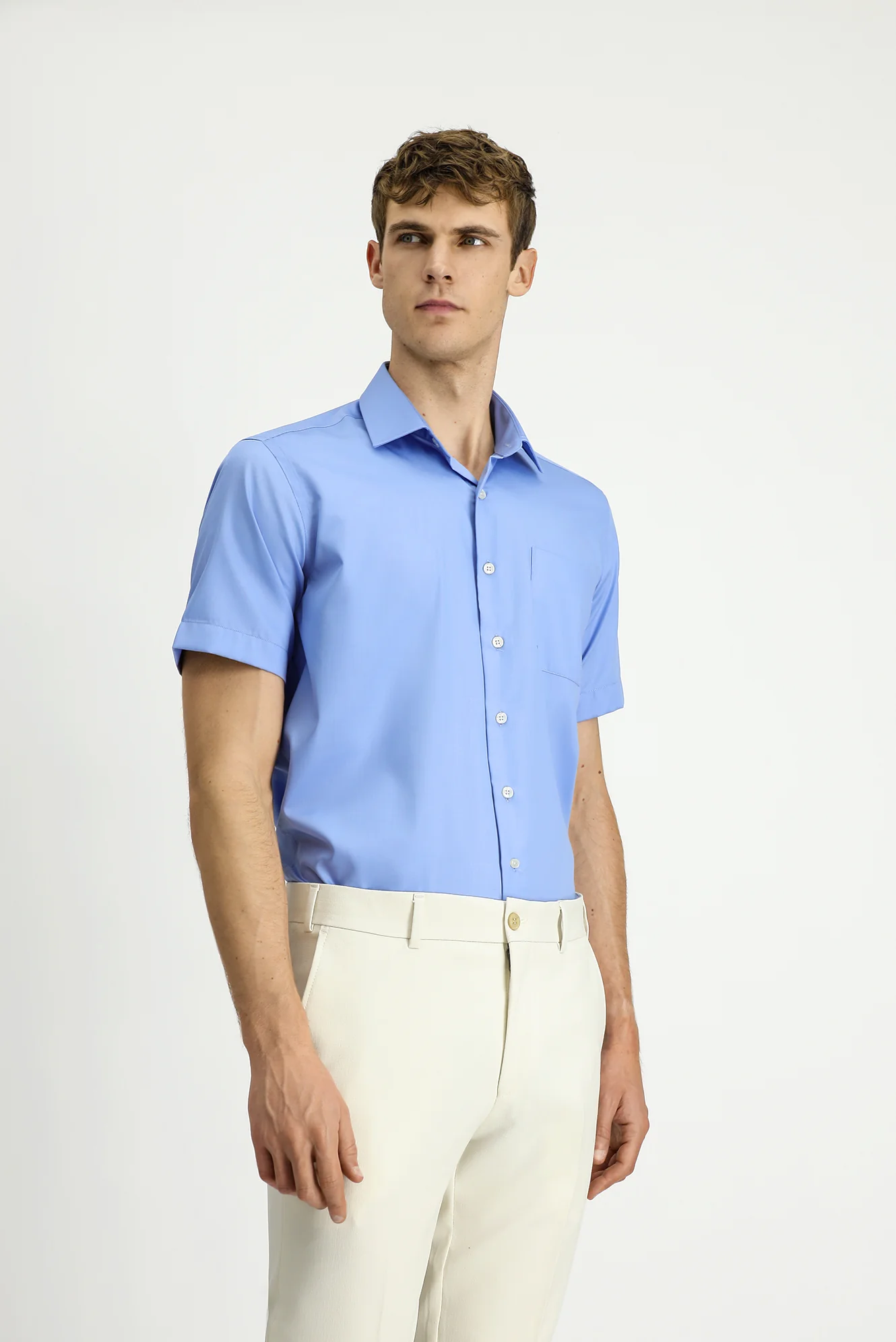 Açık Mavi Kısa Kol Regular Fit Pamuklu Non Iron Gömlek - Image 3