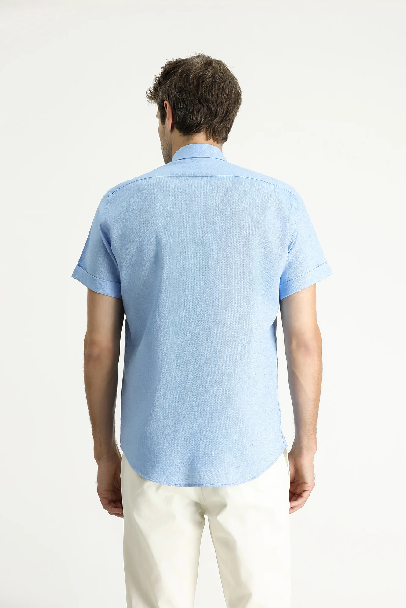 Açık Mavi Kısa Kol Slim Fit Dar Kesim Desenli Spor Keten Karışımlı Gömlek - Image 4