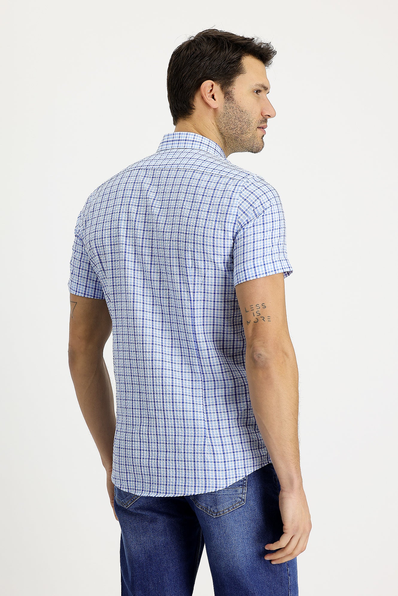 Açık Mavi Kısa Kol Slim Fit Dar Kesim Ekose Gofre Pamuklu Gömlek - Image 2