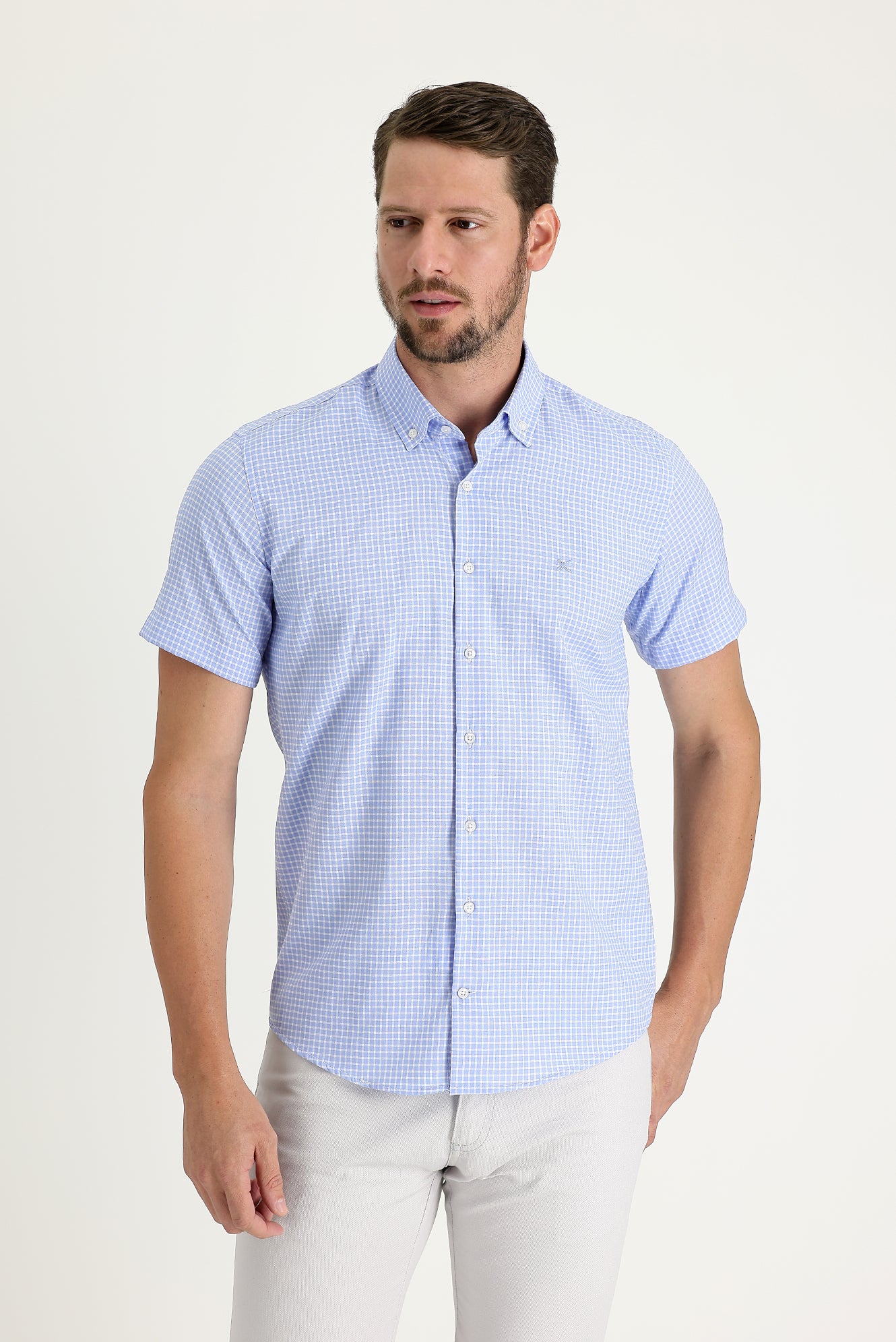 Açık Mavi Kısa Kol Slim Fit Dar Kesim Ekose Pamuklu Gömlek