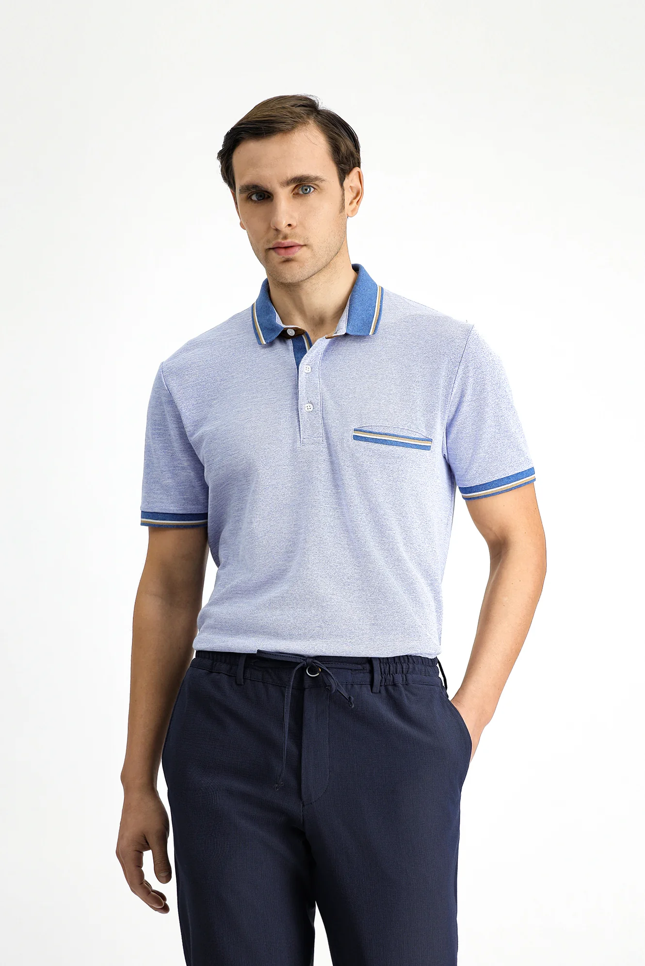 Açık Mavi Melanj Slim Fit Dar Kesim Pamuklu Desenli Cepli Polo Yaka Tişört - Image 2