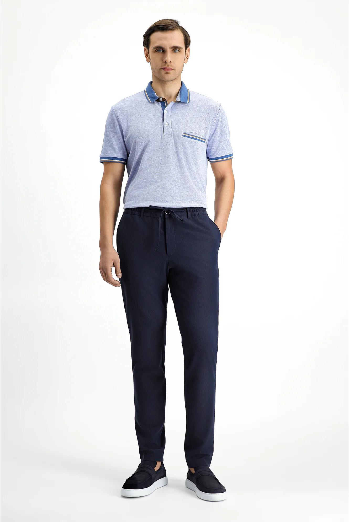 Açık Mavi Melanj Slim Fit Dar Kesim Pamuklu Desenli Cepli Polo Yaka Tişört - Image 3