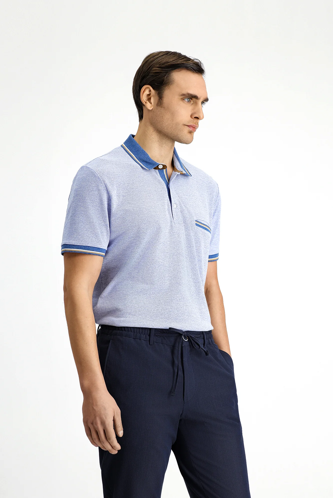 Açık Mavi Melanj Slim Fit Dar Kesim Pamuklu Desenli Cepli Polo Yaka Tişört - Image 4
