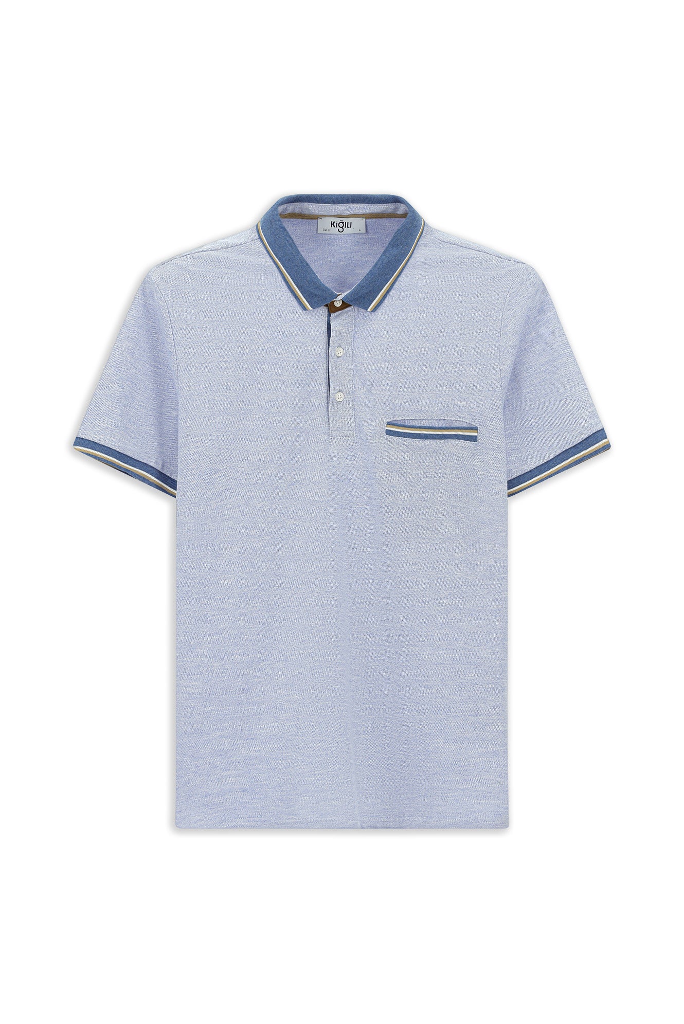 Açık Mavi Melanj Slim Fit Dar Kesim Pamuklu Desenli Cepli Polo Yaka Tişört - Image 7