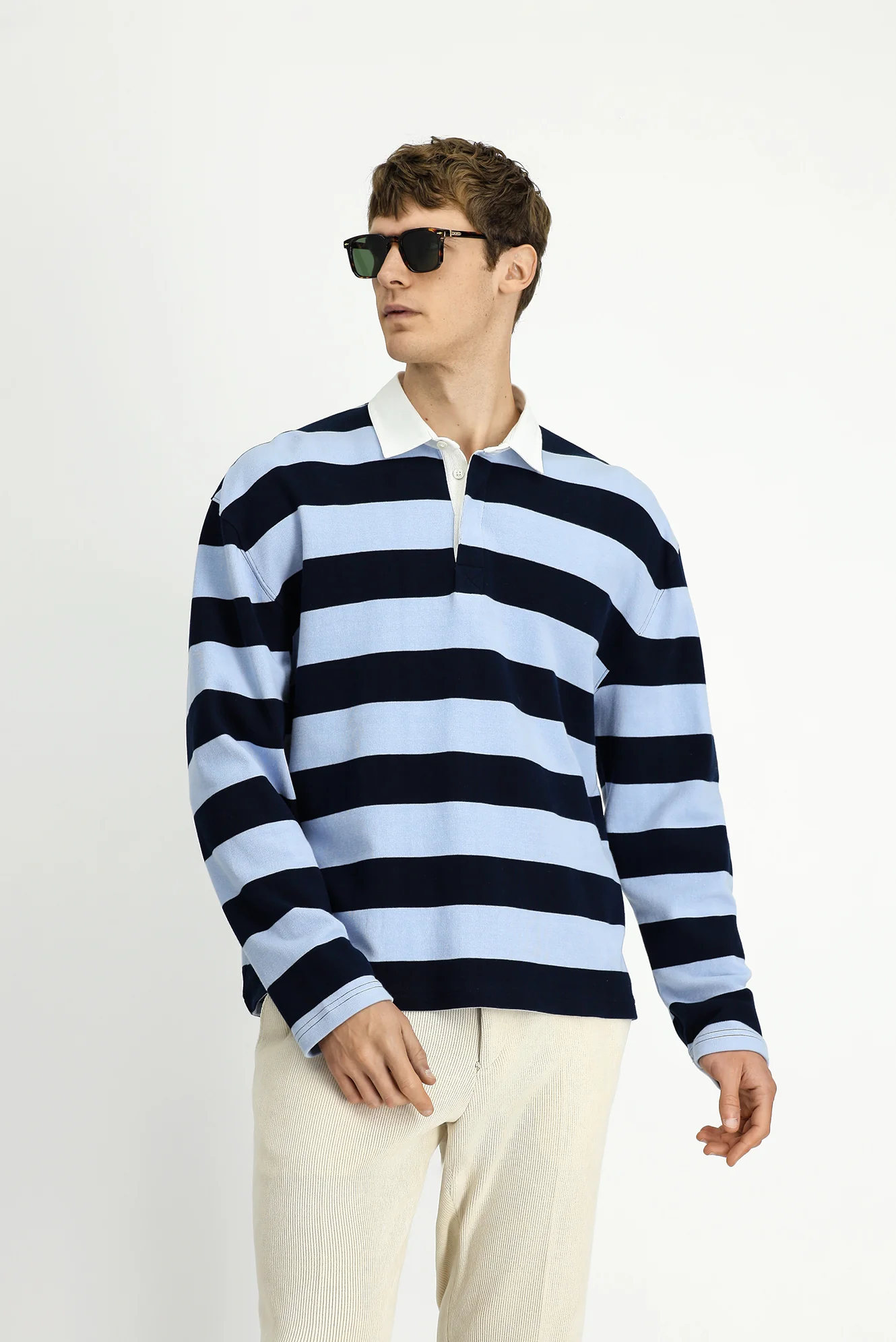 Açık Mavi Polo Yaka Oversize Ekstra Rahat Kesim Çizgili Pamuk Sweatshirt - Image 2