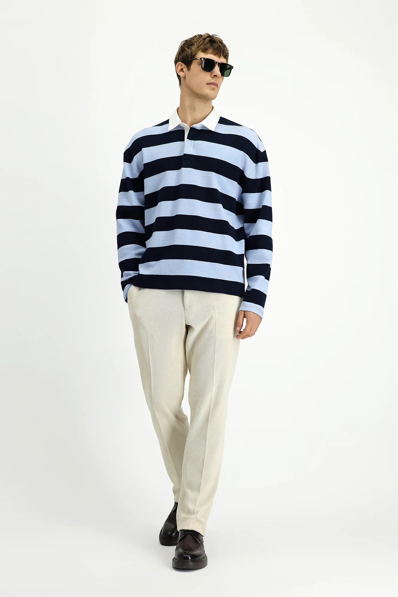 Açık Mavi Polo Yaka Oversize Ekstra Rahat Kesim Çizgili Pamuk Sweatshirt - Image 3