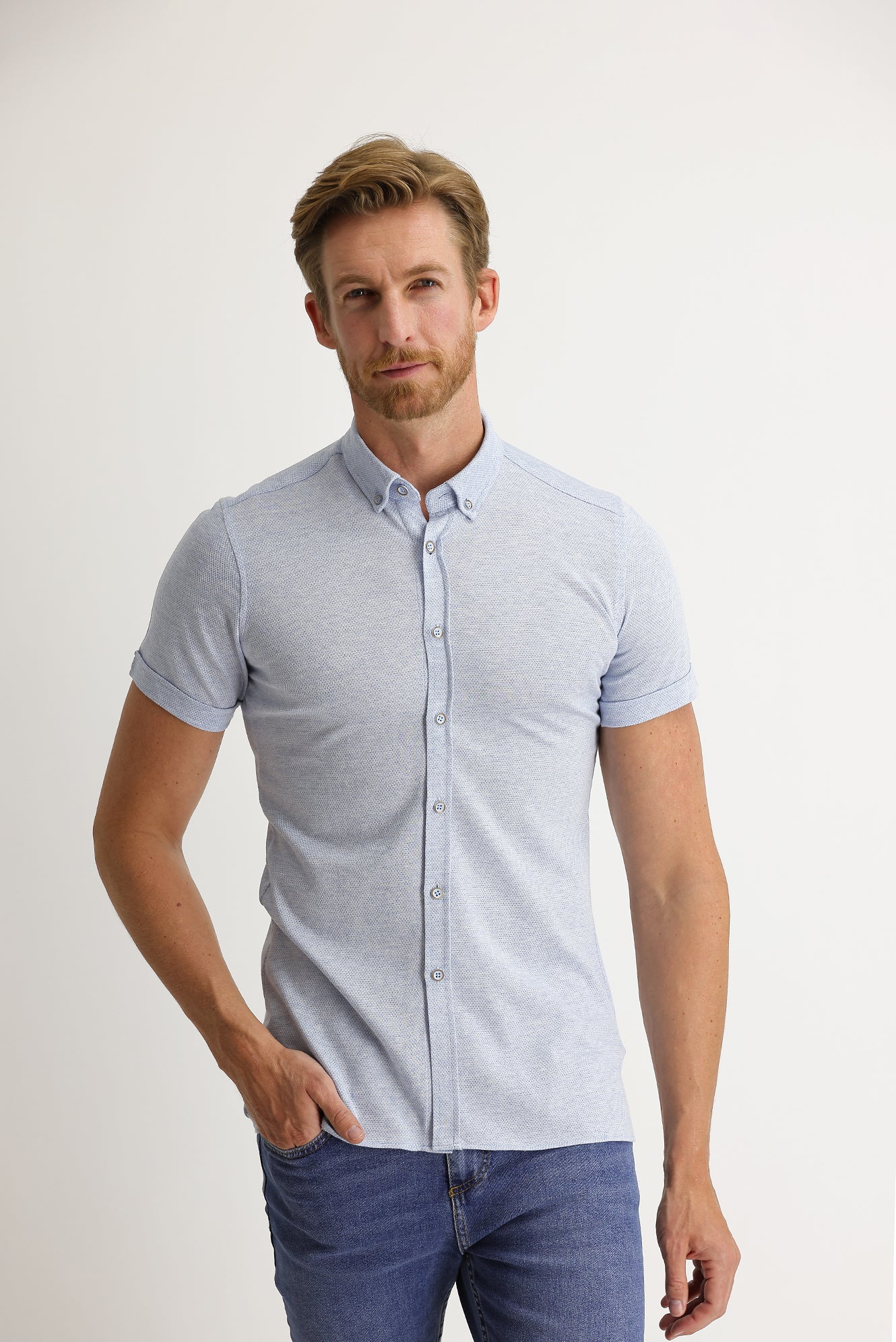 Açık Mavi Polo Yaka Slim Fit Dar Kesim Desenli Pamuk Gömlek Pamuk Tişört - Image 2