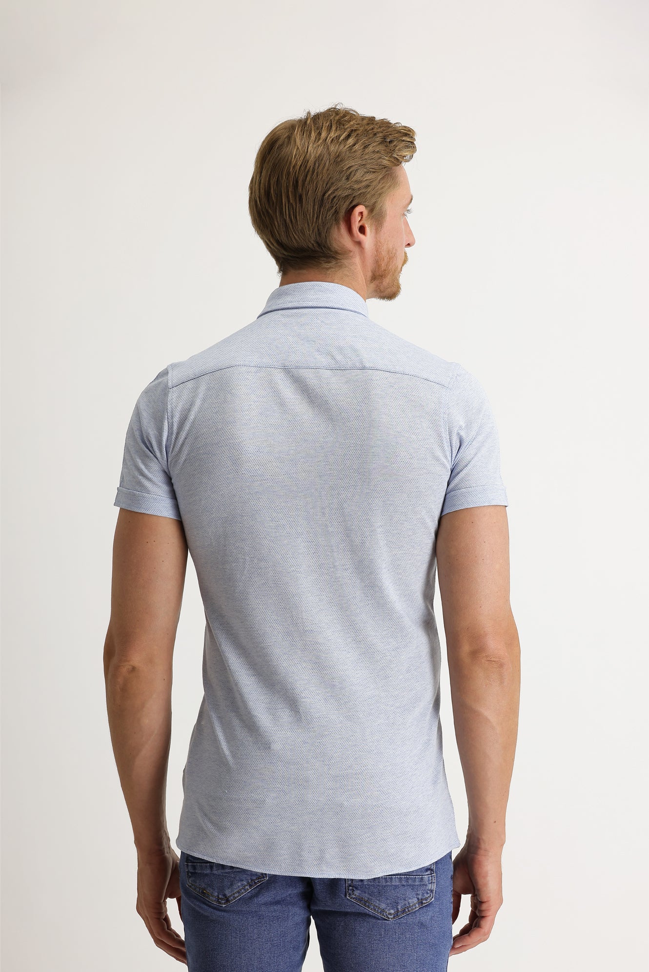 Açık Mavi Polo Yaka Slim Fit Dar Kesim Desenli Pamuk Gömlek Pamuk Tişört - Image 4